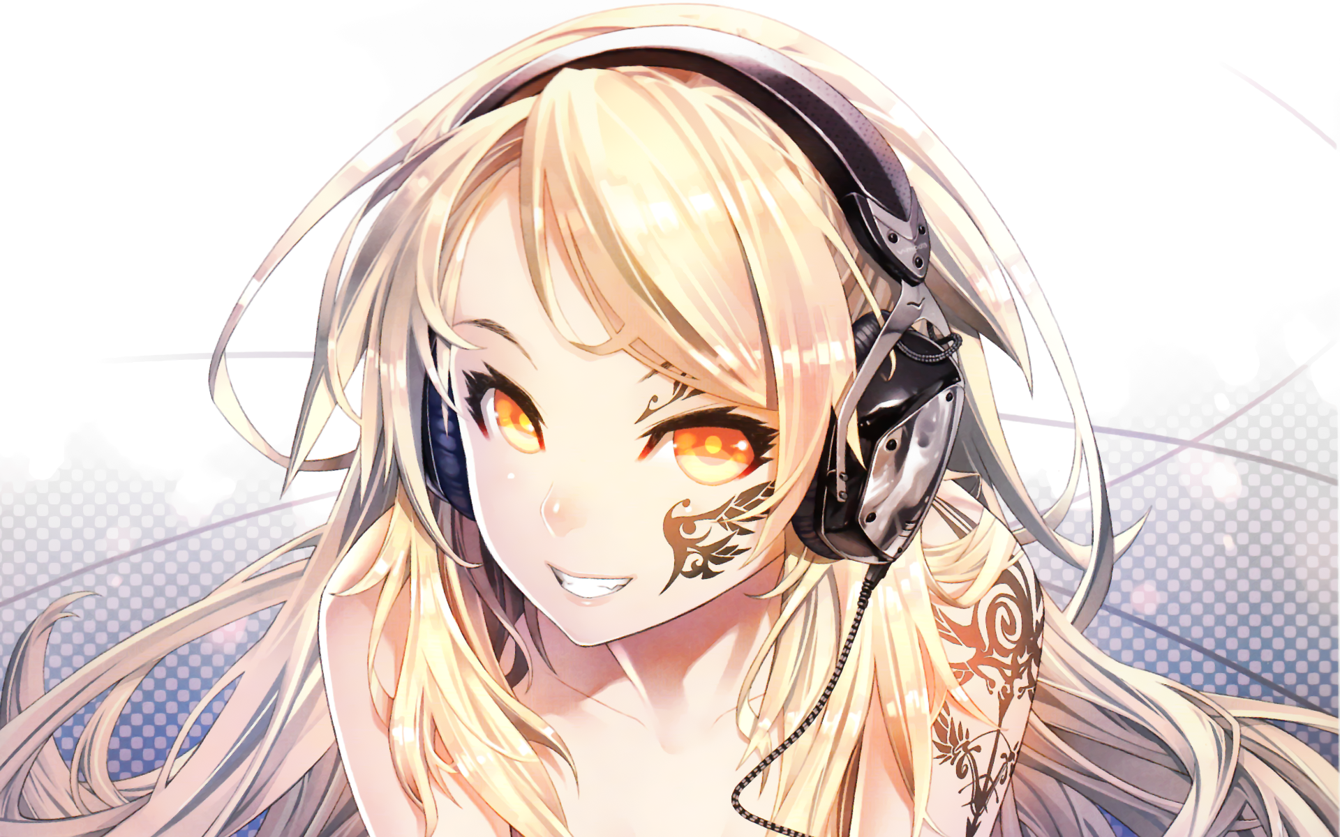 Anime Tattoo Anime Girls Long Hair Blonde Simple Background Headphones Original Characters