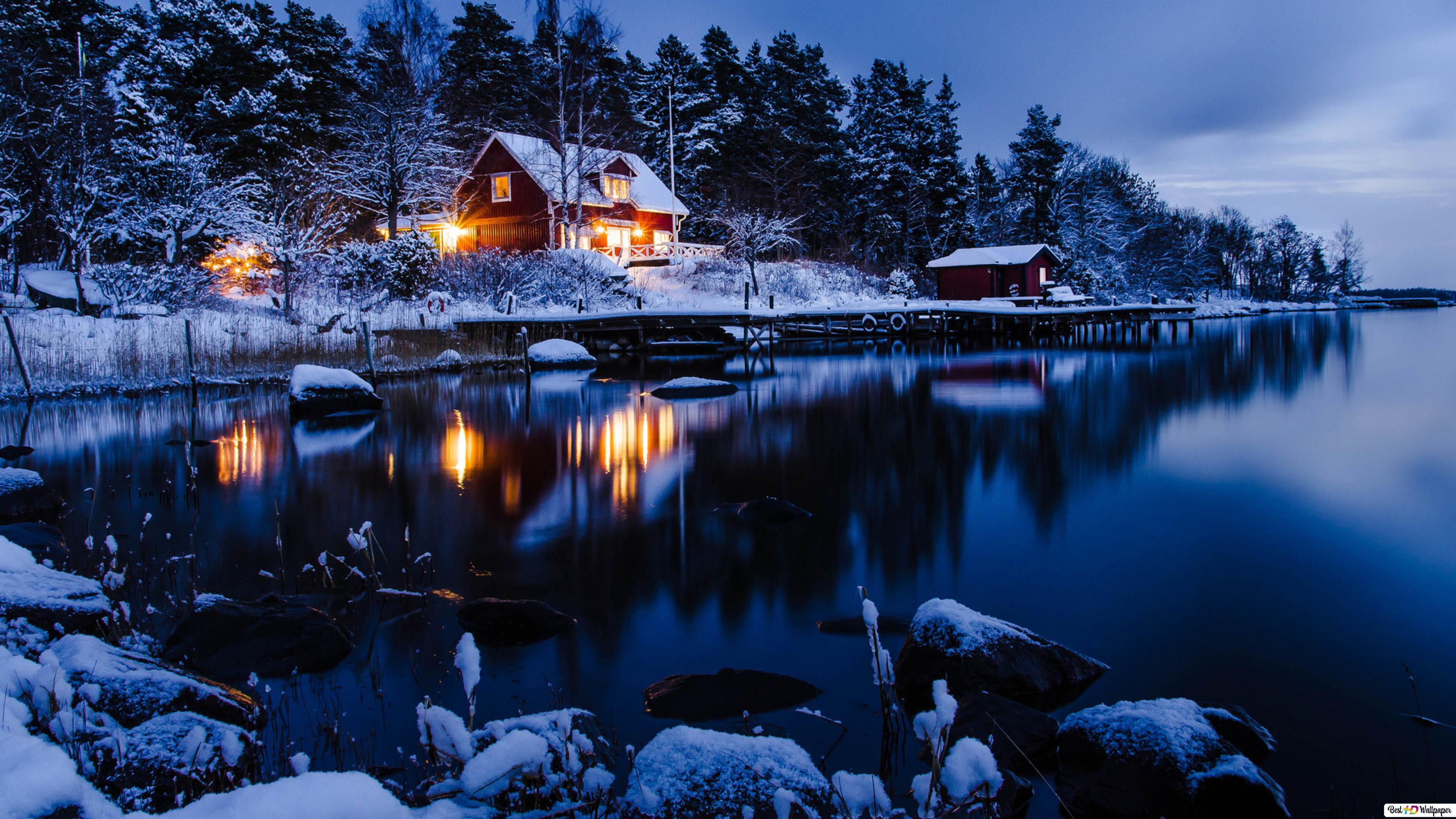 Cozy house on the lake 4K wallpaper download