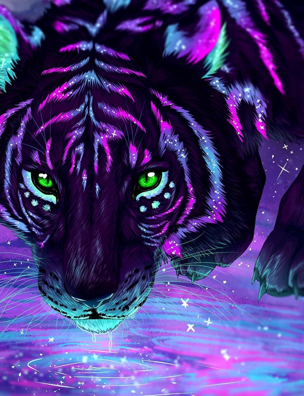 Wallpaper Green Eyes, Tiger, Digital Art, Purple:2560x1440