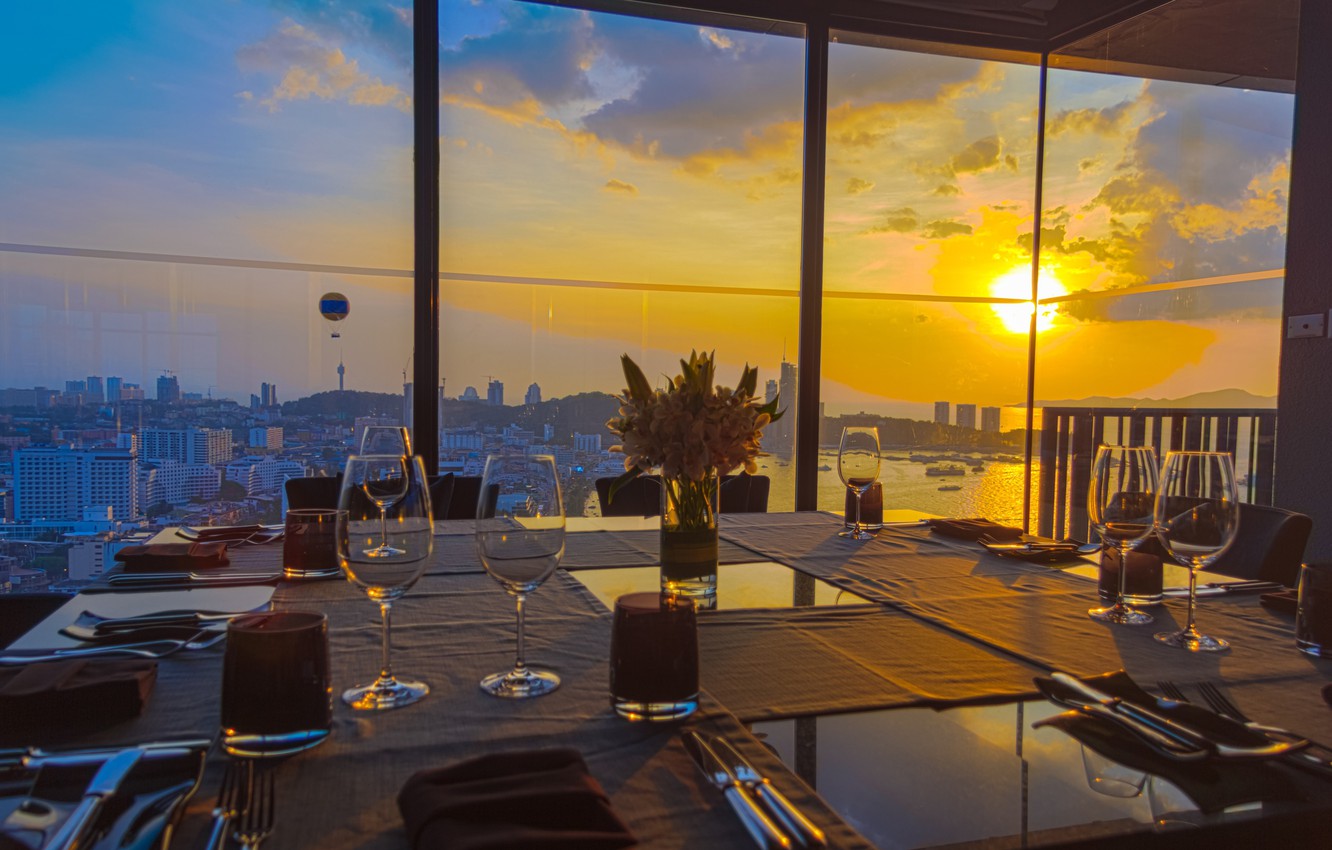 Wallpaper sunset, the city, table, the evening, window, restaurant, serving image for desktop, section интерьер