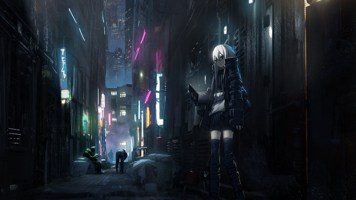 Download 1366x768 Anime Dark City, Skyscrapers, Back Streets, Girl, People, Neon Lights Wallpaper for Laptop, Notebook