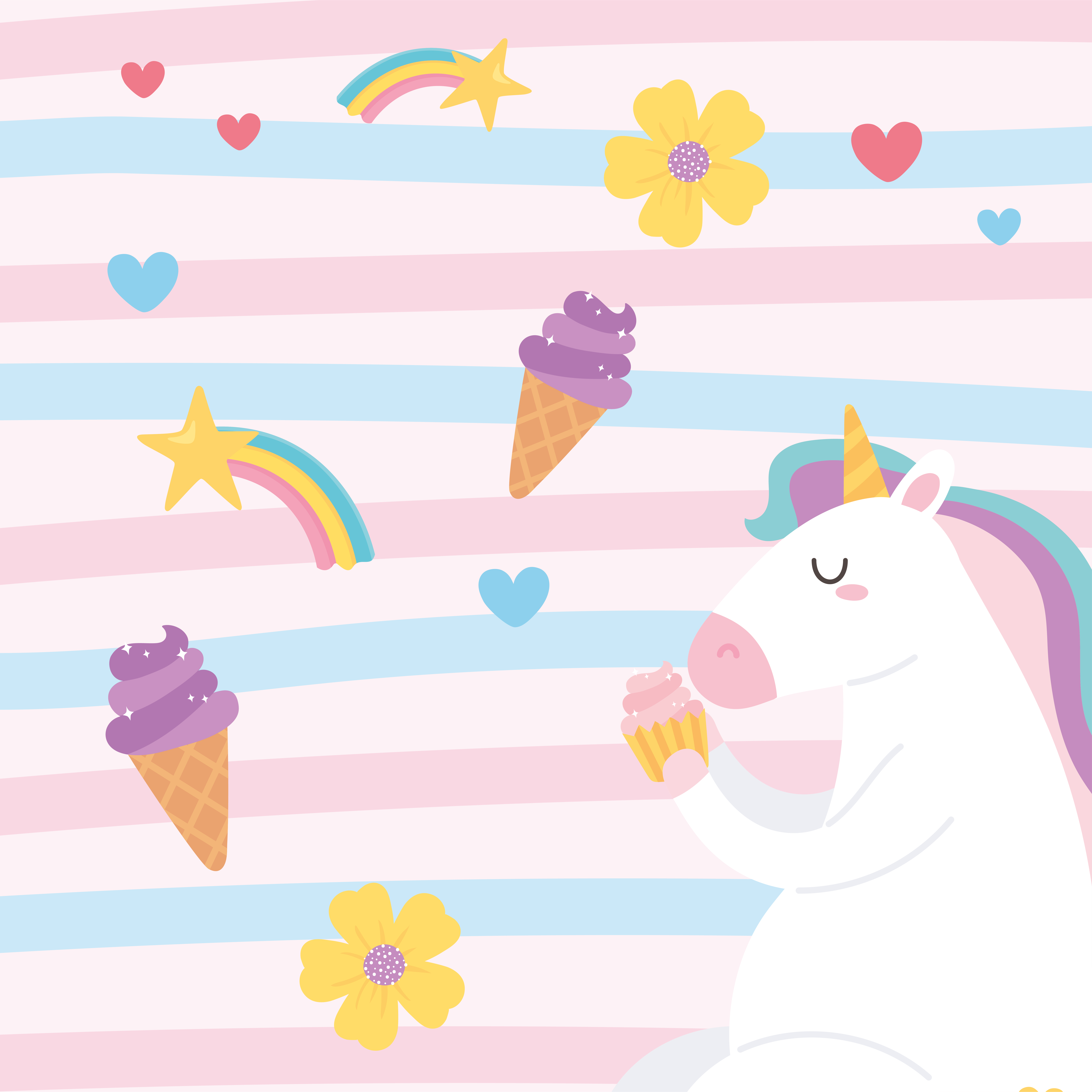 cute magical unicorn eating cupcake with ice cream rainbow flowers animal cartoon background