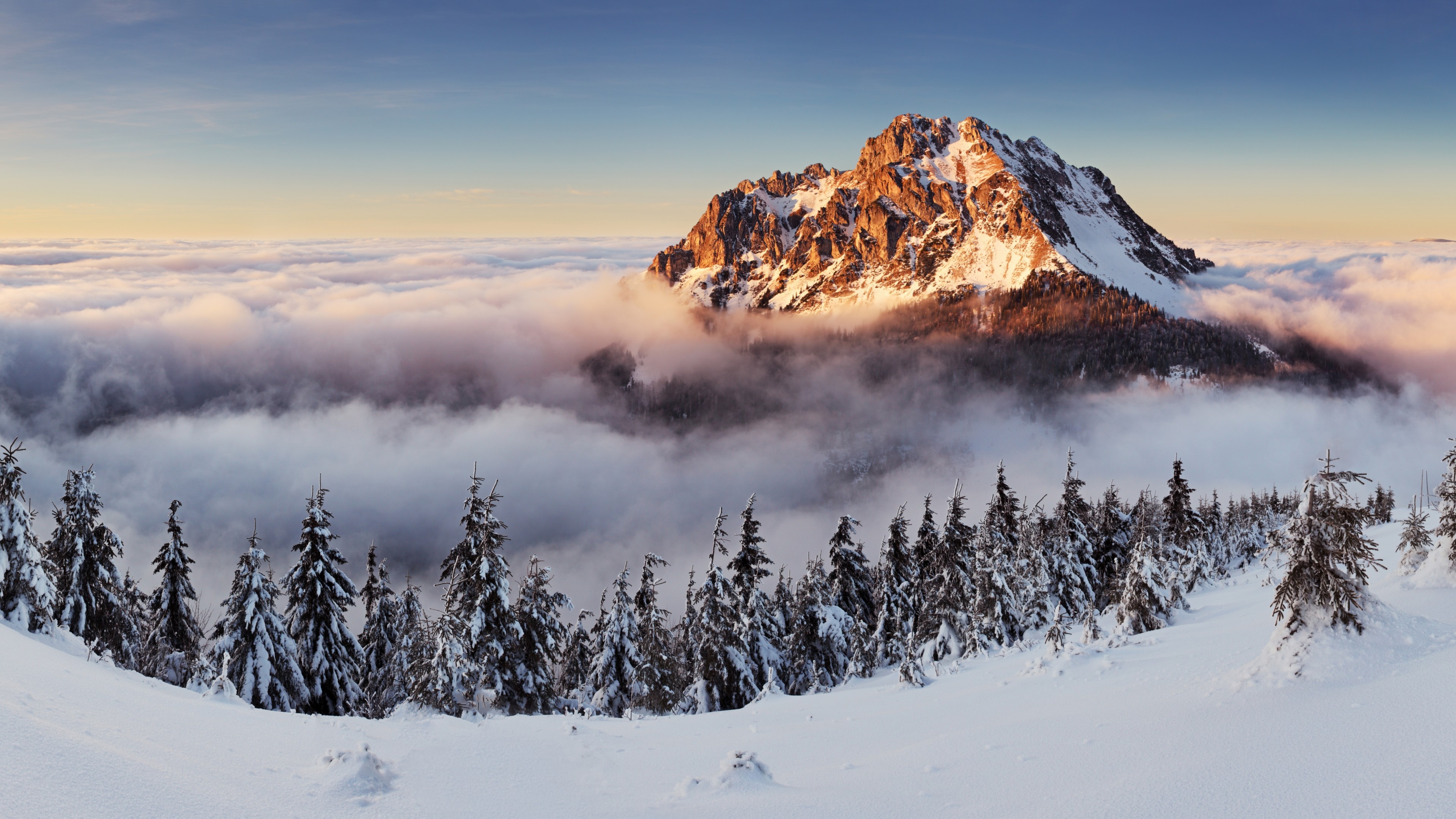 Slovakia Winter Mountain 4K Sunset Wallpaper for Desktop PC