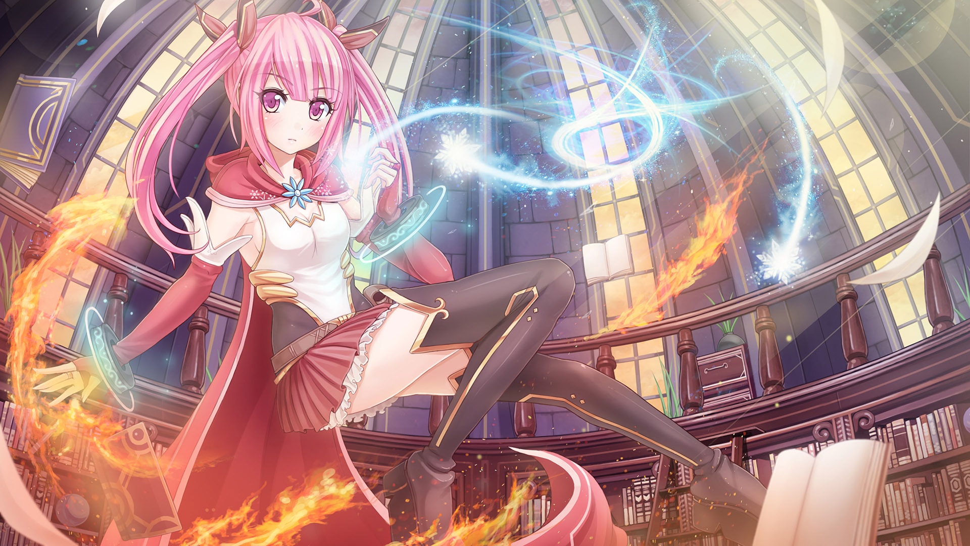 Download 1920x1080 Anime Girl, Magic, Fire, Wind, Pink Hair, Cape, Library Wallpaper for Widescreen
