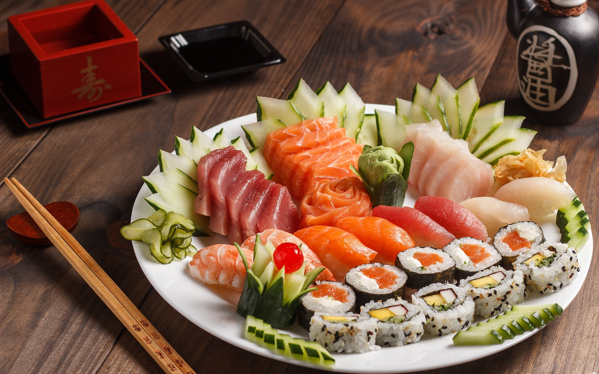 Download wallpapers sushi, rolls, Japanese food, fish dishes, salmon, Sashi...