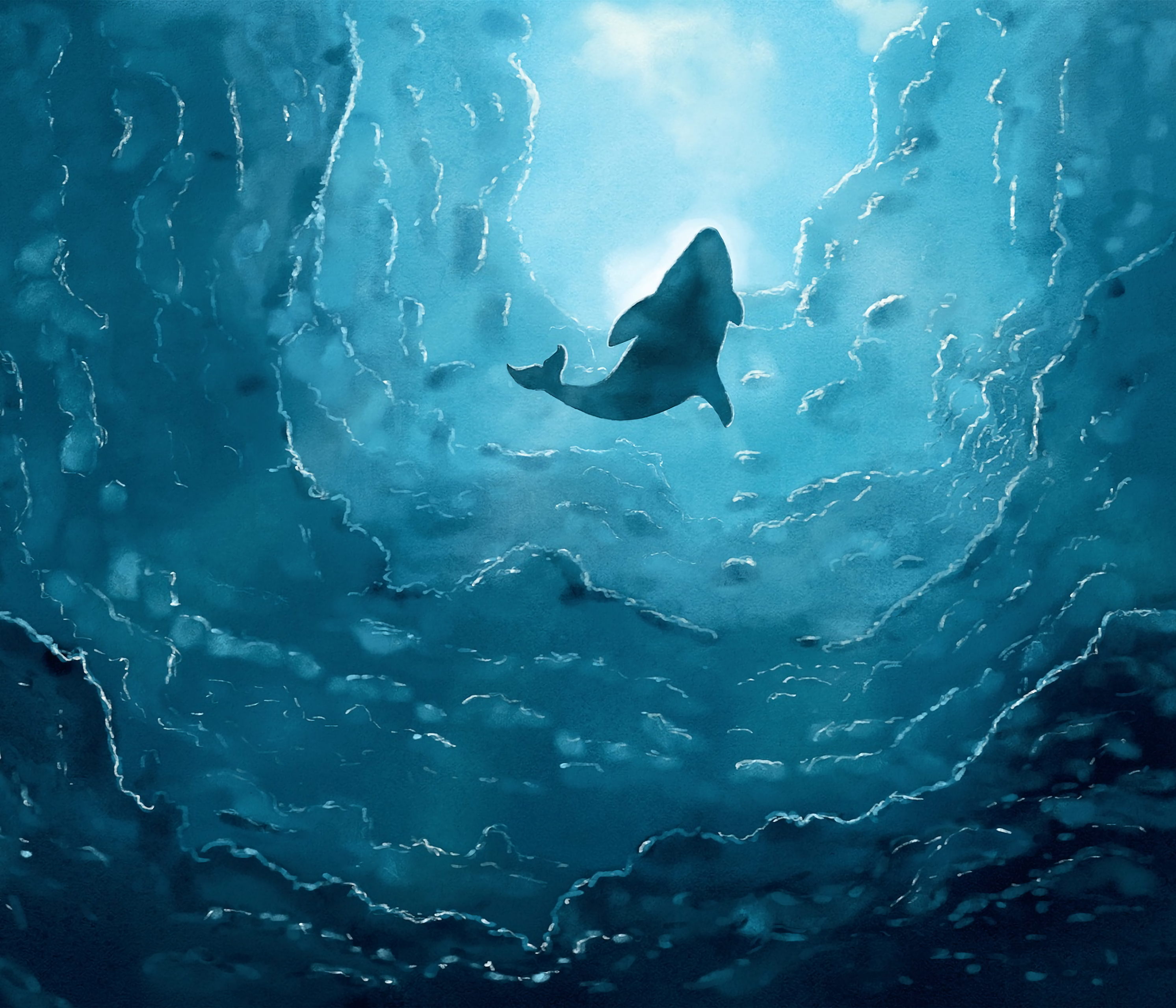 Download wallpaper 2985x2558 whale, art, wave, blue HD background
