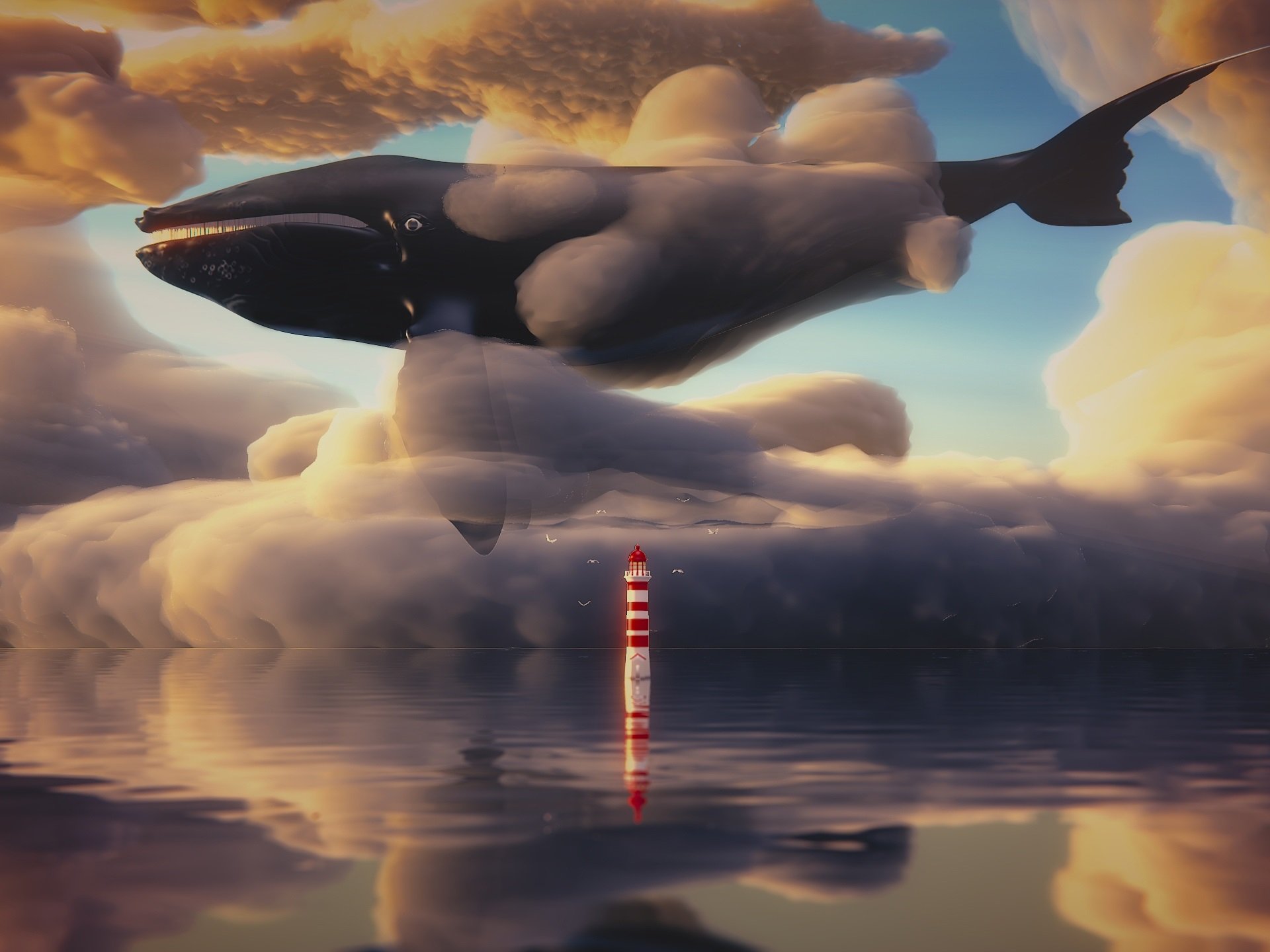 Wallpaper Whale flying in the sky, clouds, lighthouse, sea, art painting 2560x1440 QHD Picture, Image