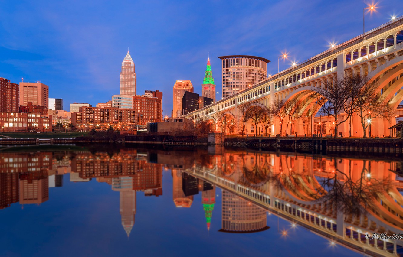 Wallpaper bridge, lights, reflection, home, USA, Cleveland, Ohio image for desktop, section город