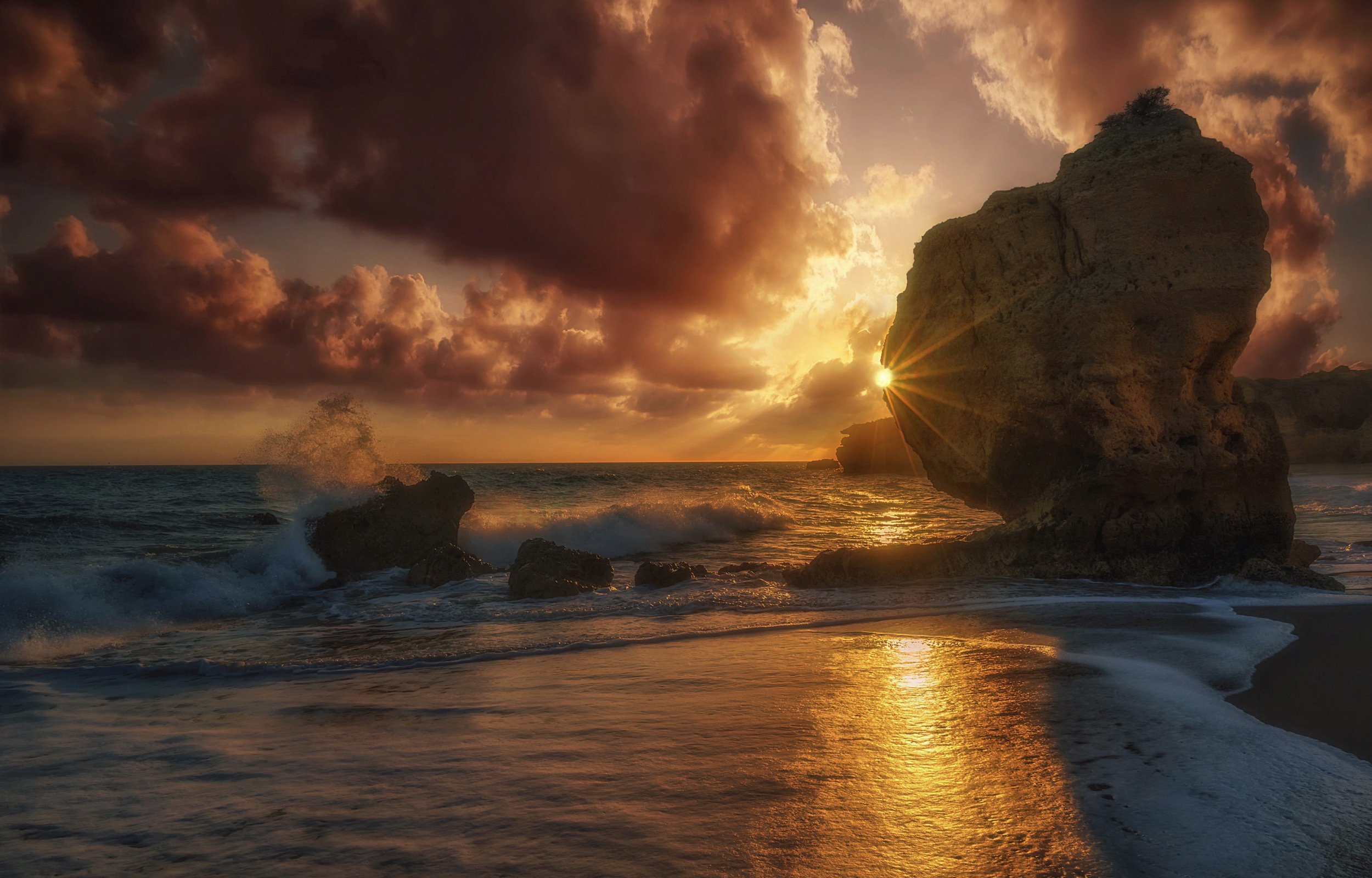 Photos Portugal Sun Crag Nature Waves Sunrises and sunsets 2500x1600