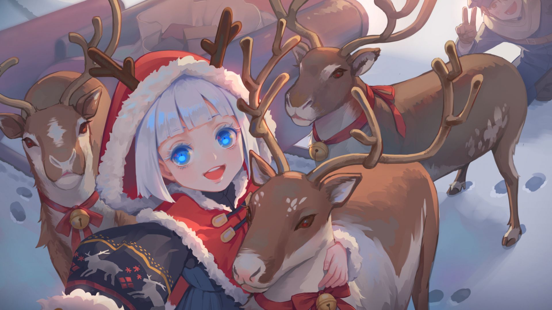 Desktop Wallpaper Santa, Anime Girl, Reindeer, Christmas, Holiday, HD Image, Picture, Background, 8ed1e2