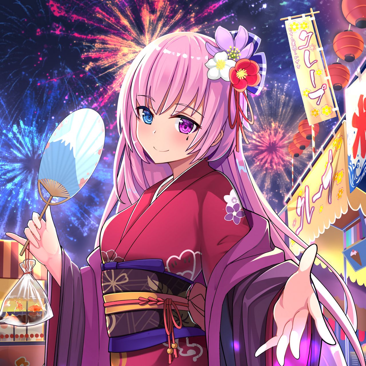Download wallpaper 1280x1280 girl, kimono, fan, fireworks, holiday, anime ipad, ipad ipad mini for parallax HD background