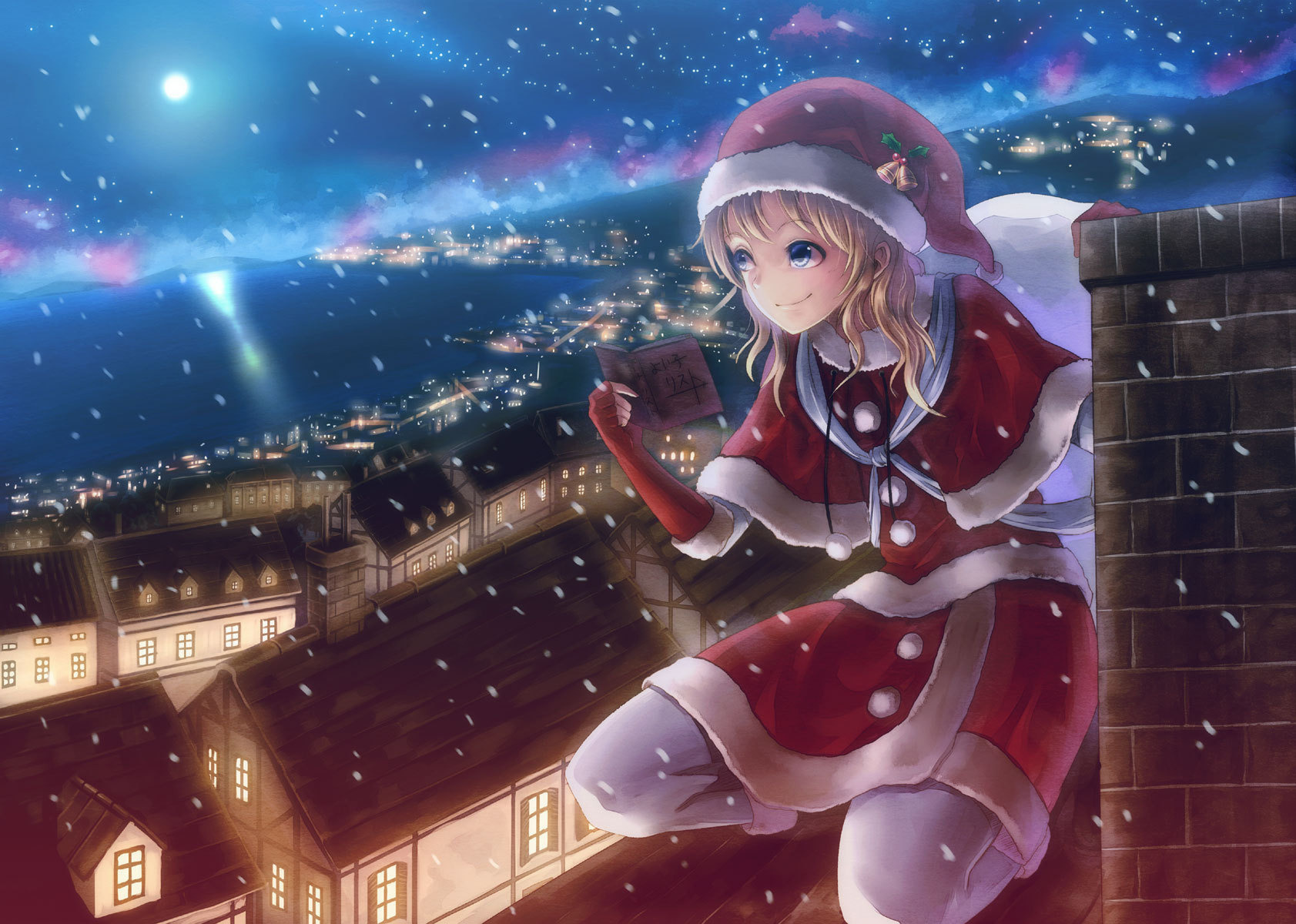 Wallpaper. Anime. photo. picture. night, holiday, New year, roof, pipe
