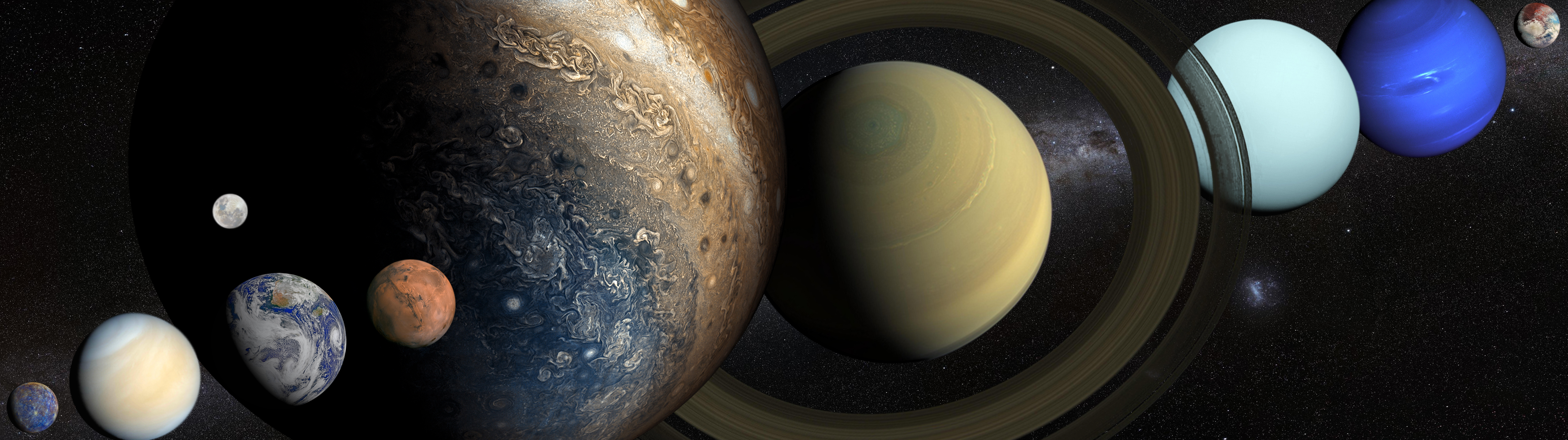 Solar System Venus Neptune Mercury Jupiter Saturn Uranus Earth Mars Pluto Milky Way Moon Space Wallpaper:5120x1440