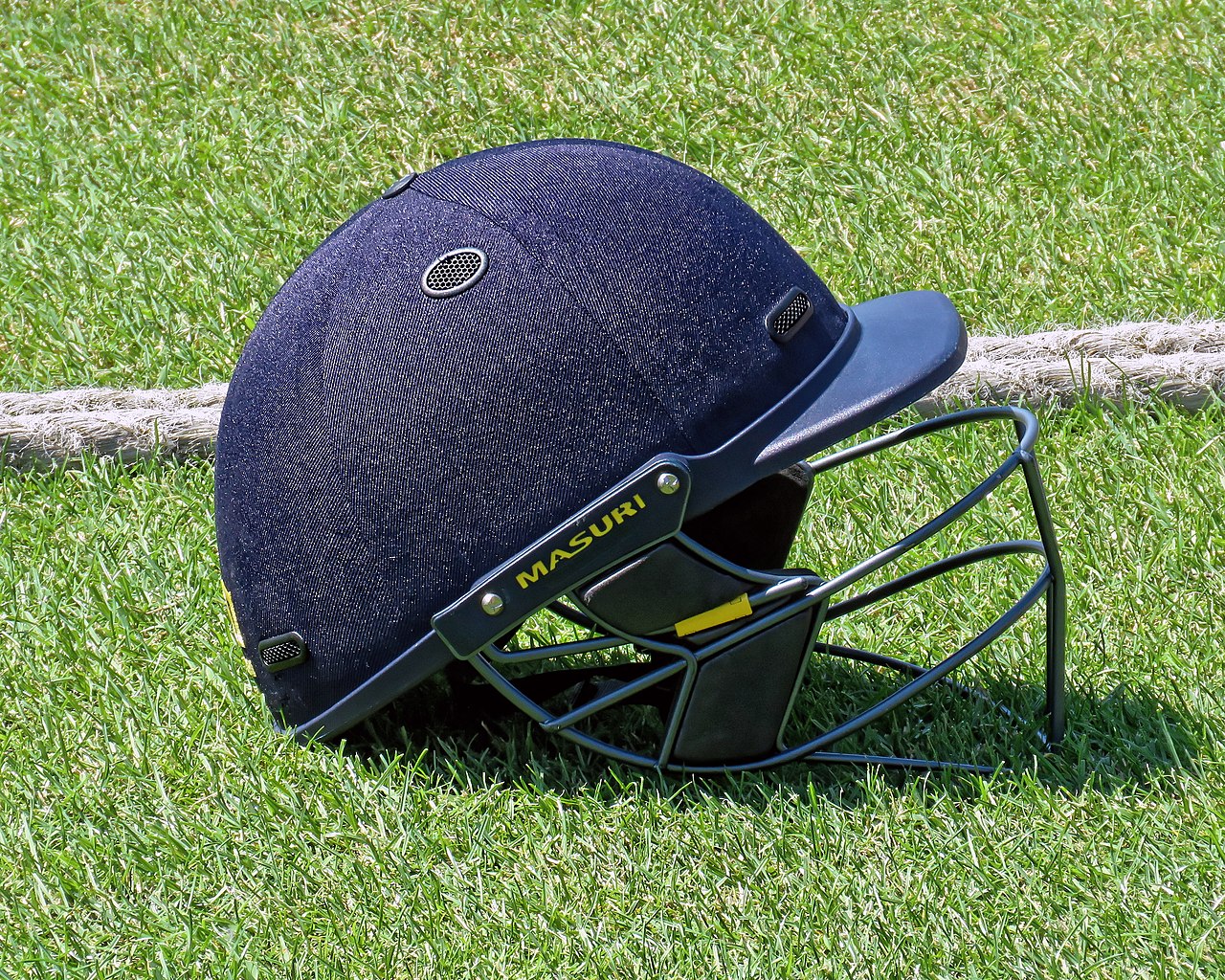 Cricket helmet at Fenner's Field ground, Cambridge University Cricket Club, England
