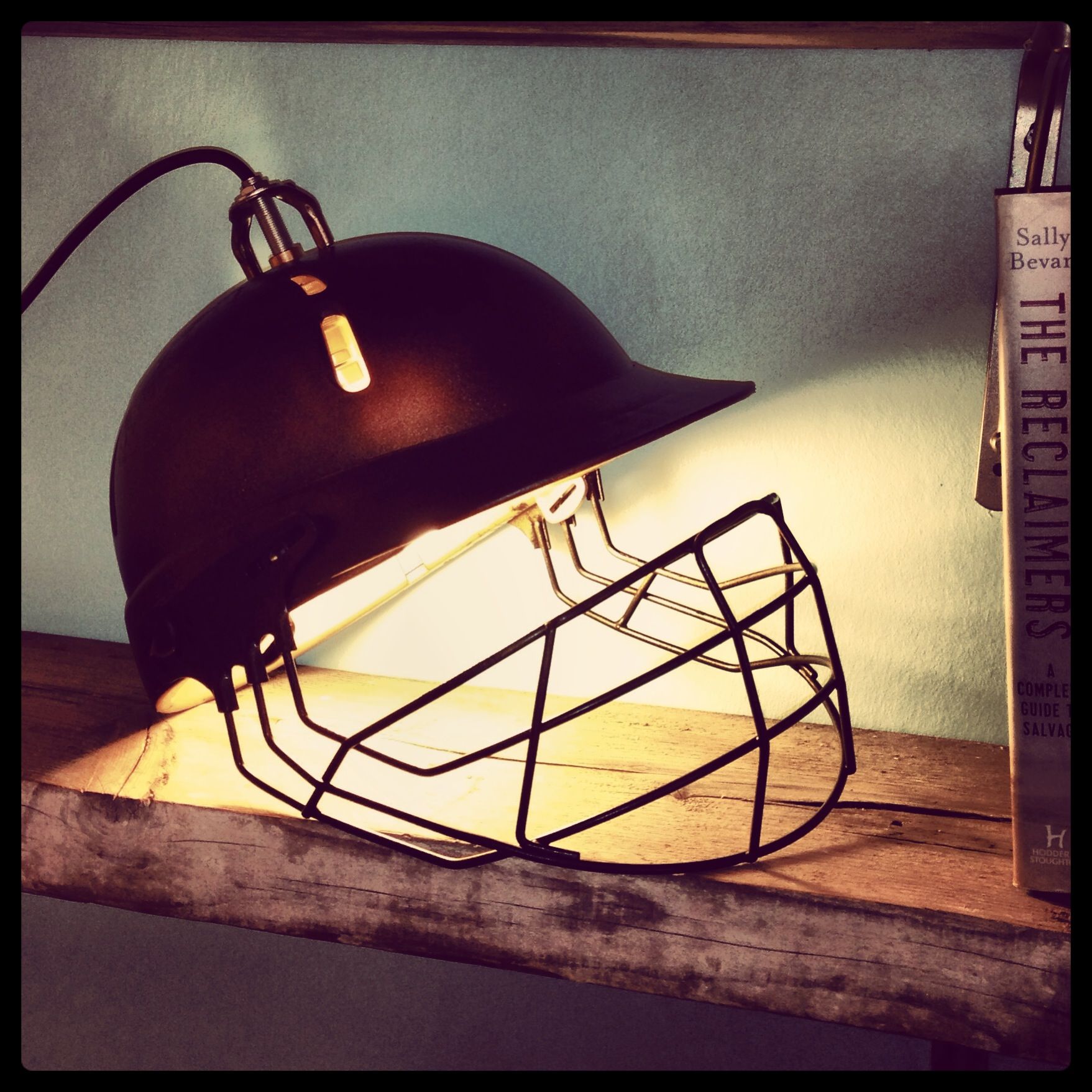 cricket helmet upcycle. Industrial table lamp, Cricket helmets, Cricket wallpaper