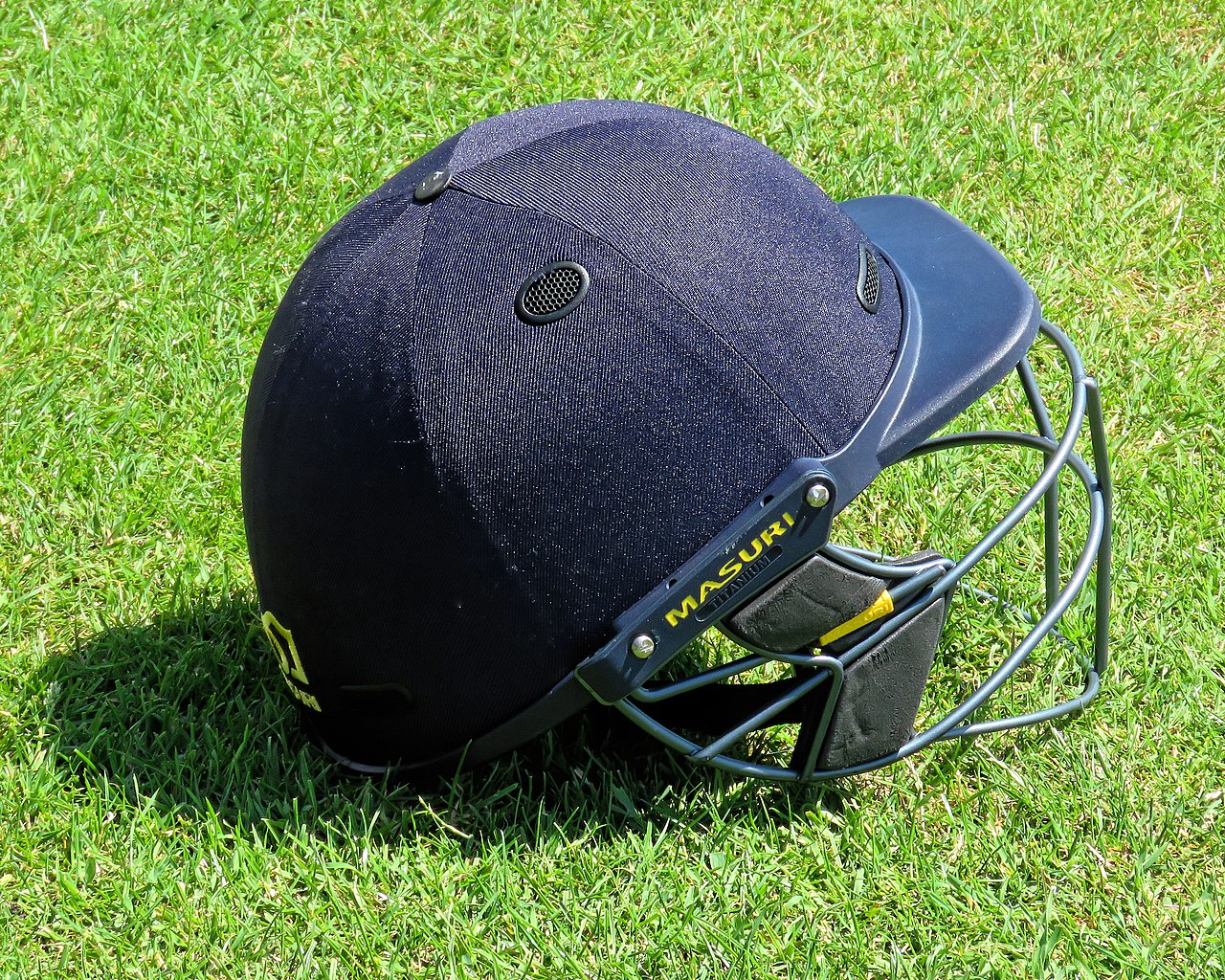 Cricket helmet at Fenner's Field ground, Cambridge University Cricket Club, England
