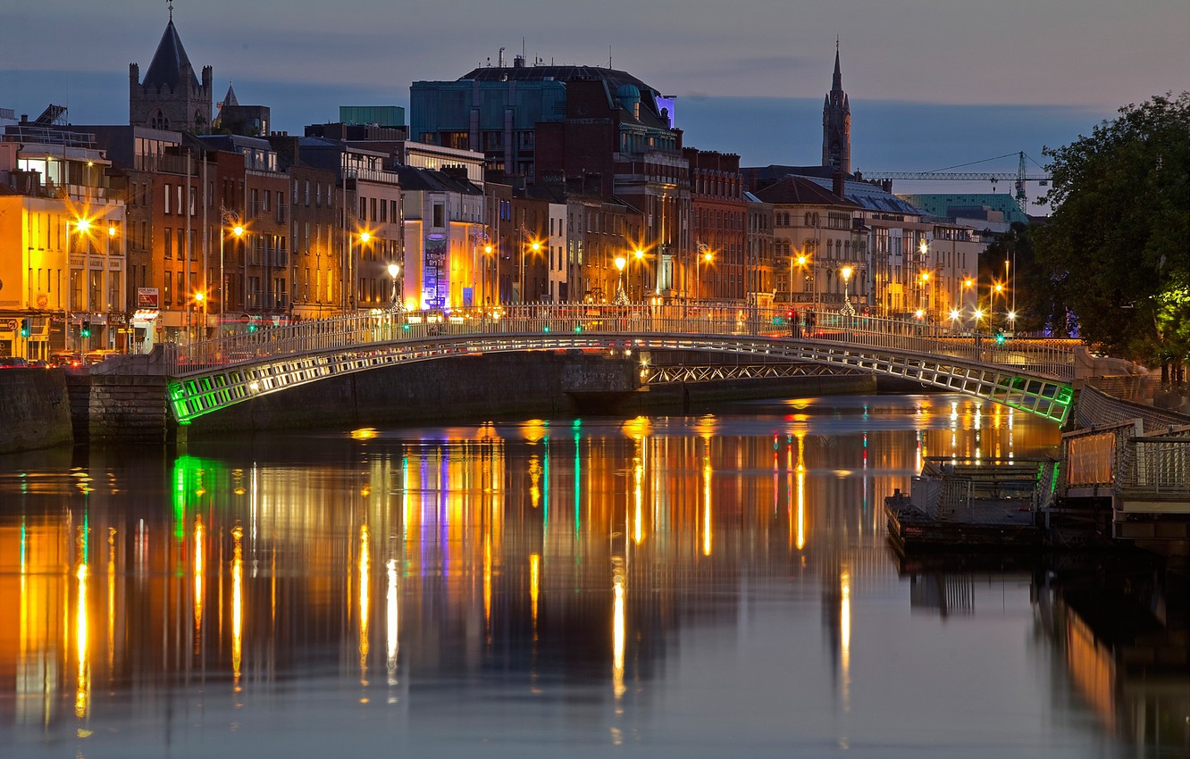 Wallpaper night, bridge, lights, river, home, Ireland, Dublin image for desktop, section город