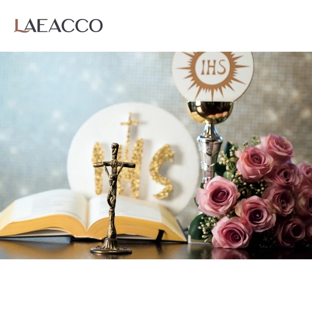 Laeacco First Holy Communion Catholic Theme Party Baby Banner Portrait Photo Background Photography Backdrop Photo Studio. Background