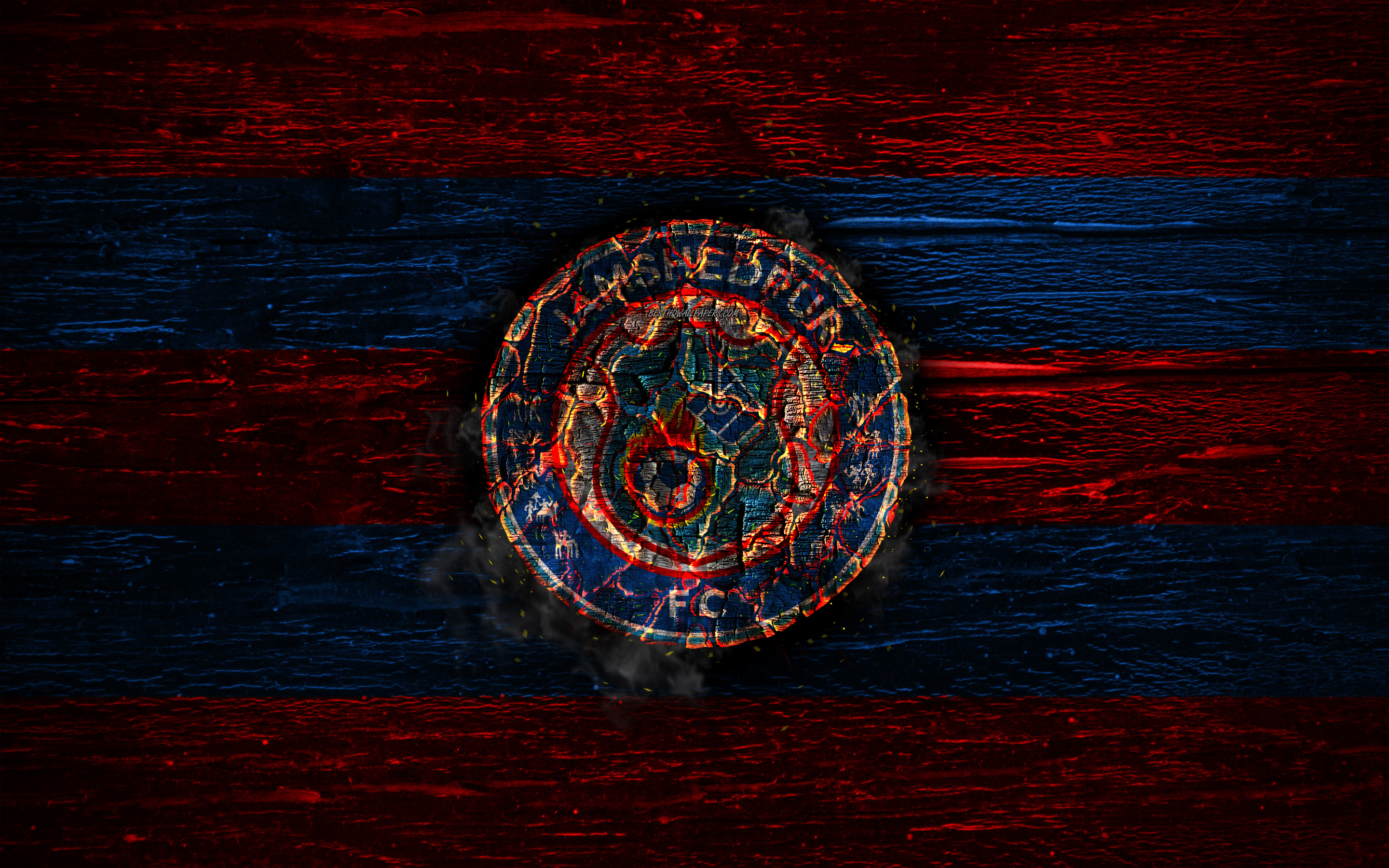 Download wallpaper Jamshedpur FC, fire logo, Indian Super League, red and blue lines, ISL, Indian football club, grunge, football, soccer, logo, Jamshedpur, wooden texture, India for desktop with resolution 2880x1800. High Quality