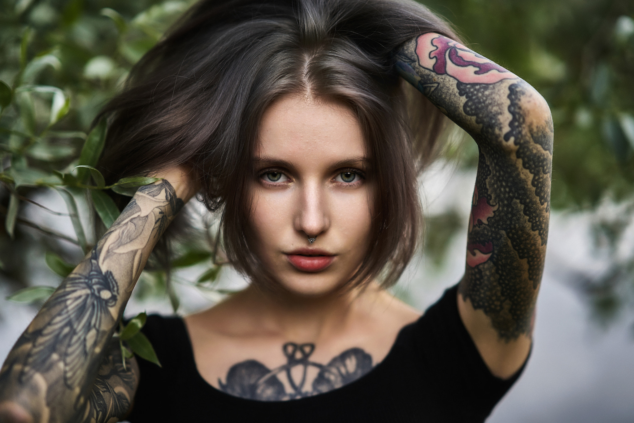 Women Inked Girls Tattoo Face Green Eyes Portrait Alyona German Aliona German