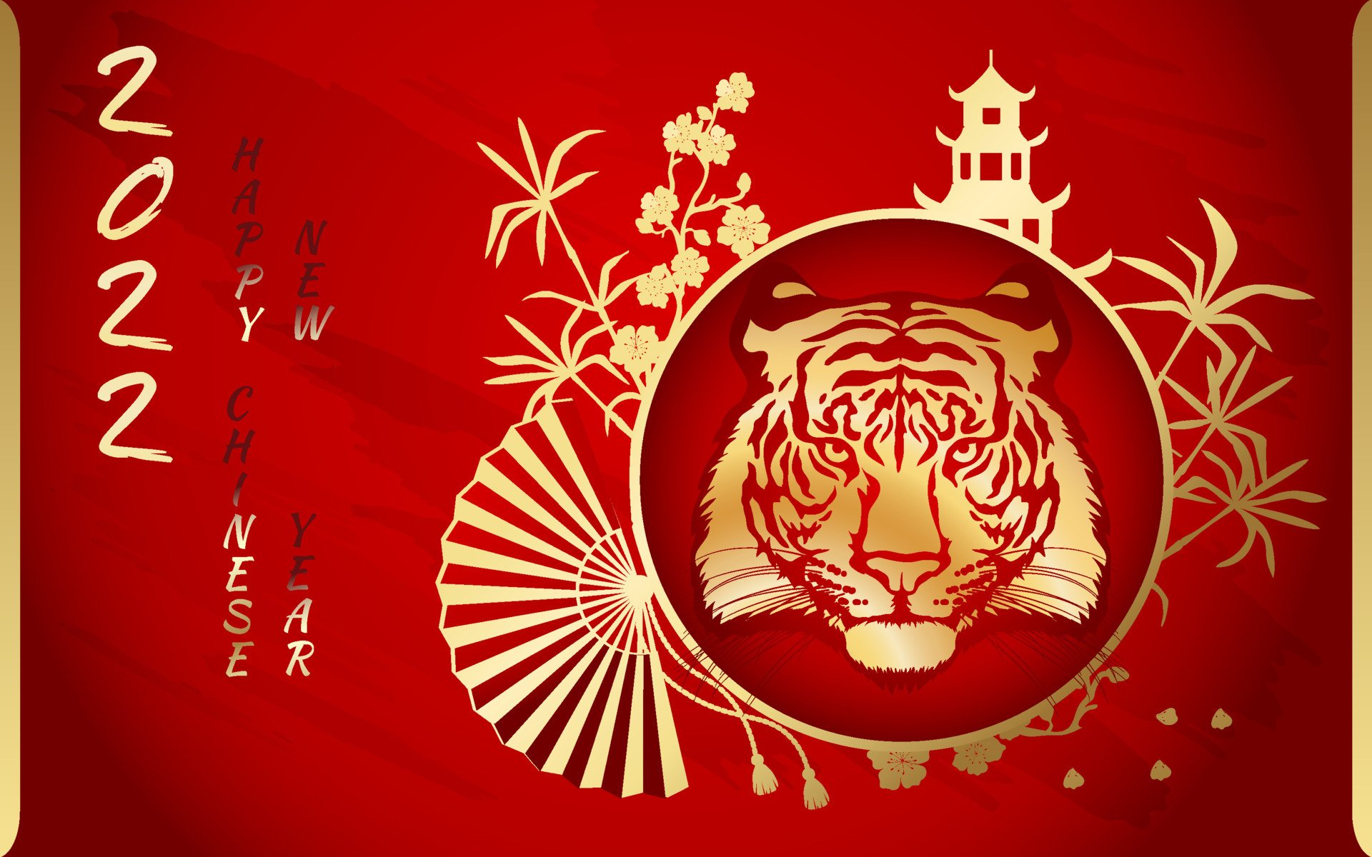 Tiger with gold on the background of a Chinese pagoda, bamboo, sakura and a fan. Happy Chinese New Year 2022. Year 2022 symbol with text