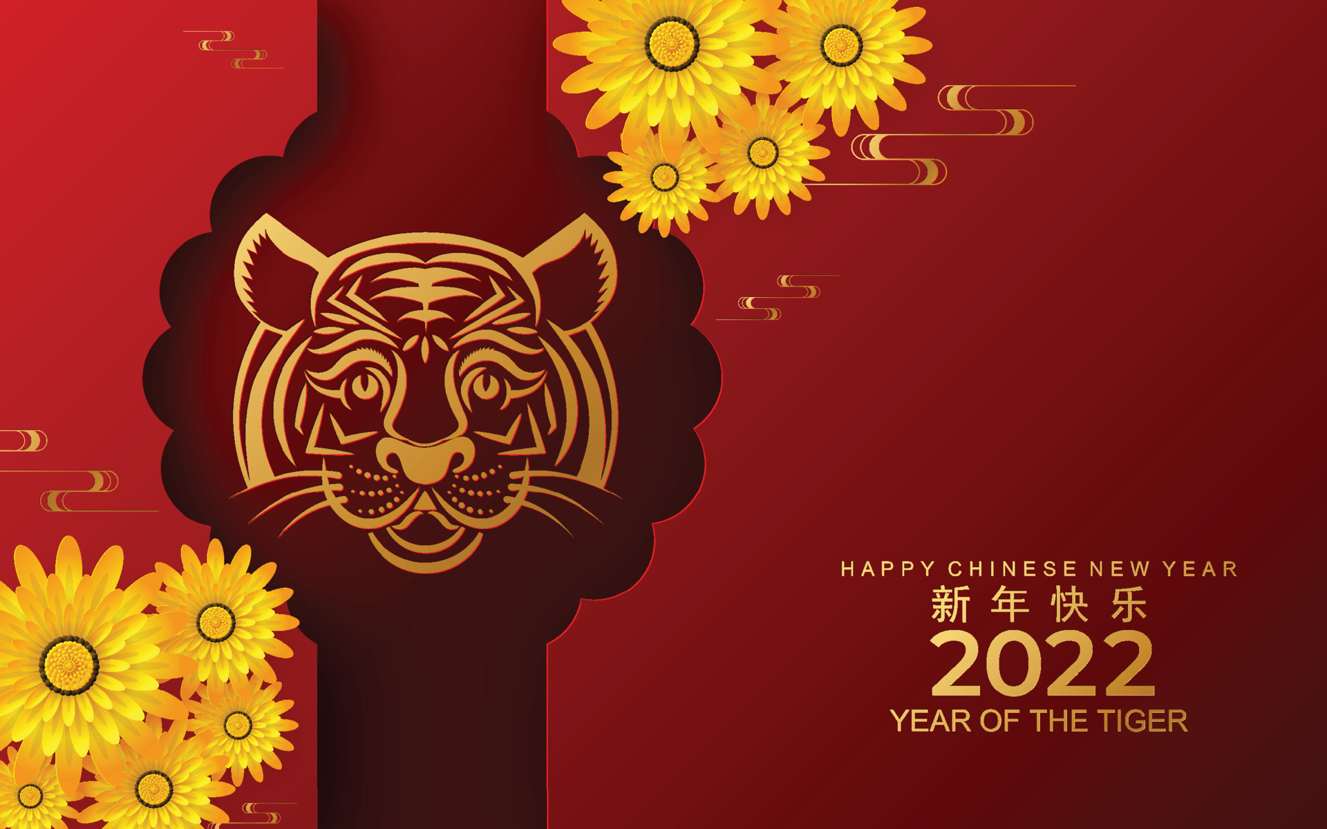 Chinese new year 2022 year of the tiger red and gold flower and asian elements paper cut with craft style on background