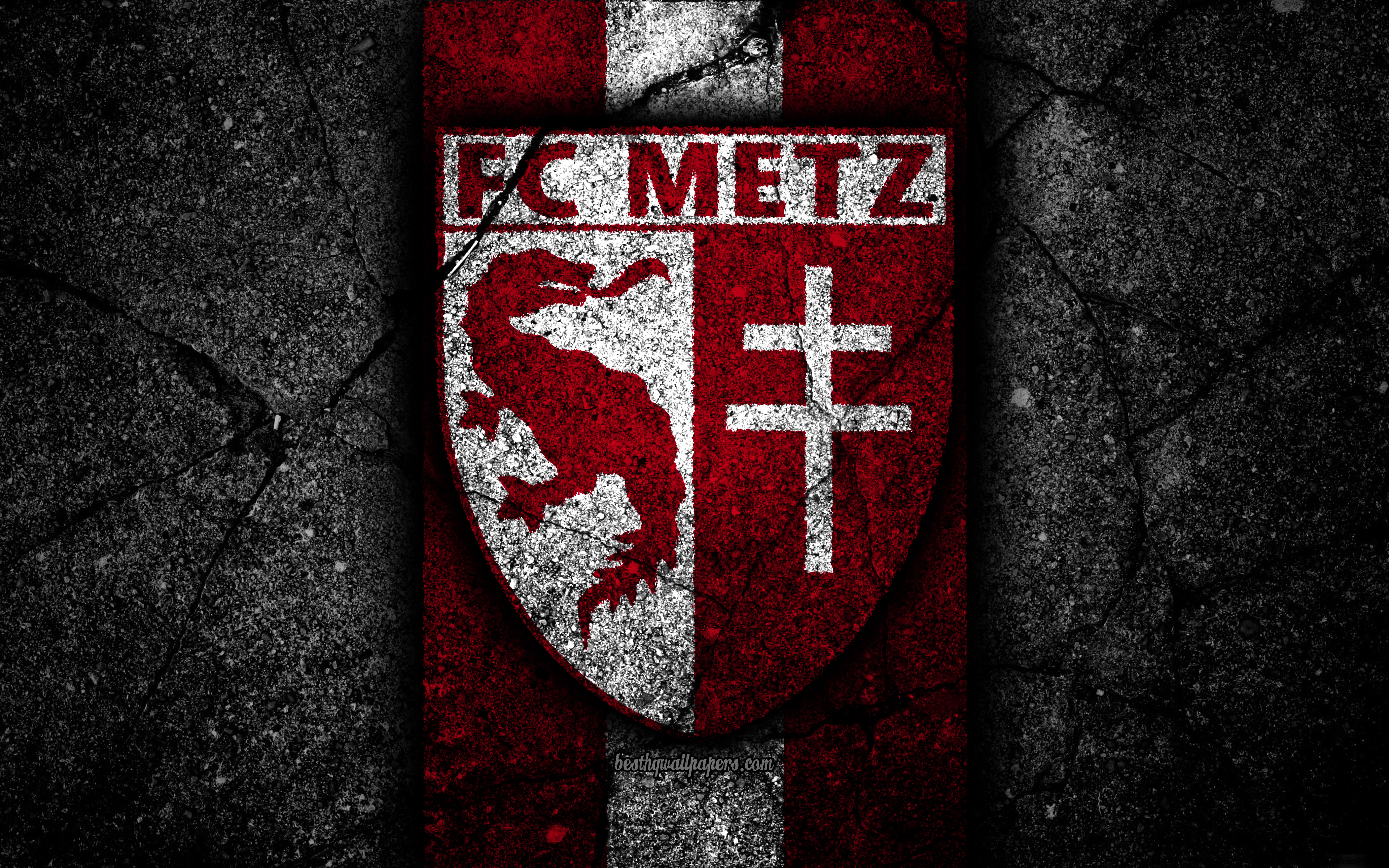 Download wallpaper 4k, Metz FC, logo, Ligue 2, football, black stone, France, soccer, football club, Liga 2, Metz, asphalt texture, french football club, FC Metz for desktop with resolution 3840x2400. High Quality