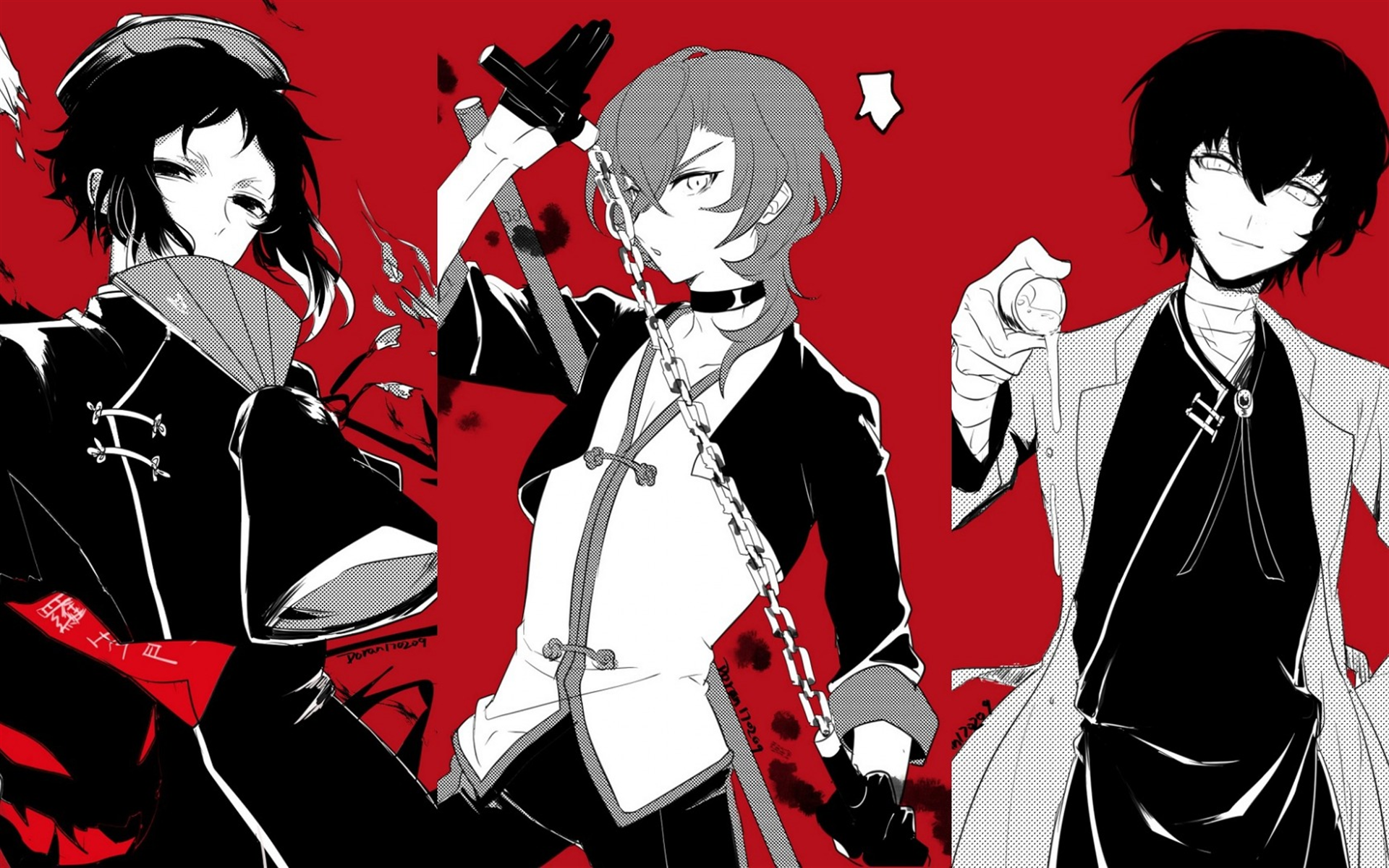 Download wallpaper Bungou Stray Dogs, Akiko Yosano, Osamu Dazai, Atsushi Nakajima, art, Japanese manga, anime characters, red background for desktop with resolution 1920x1200. High Quality HD picture wallpaper