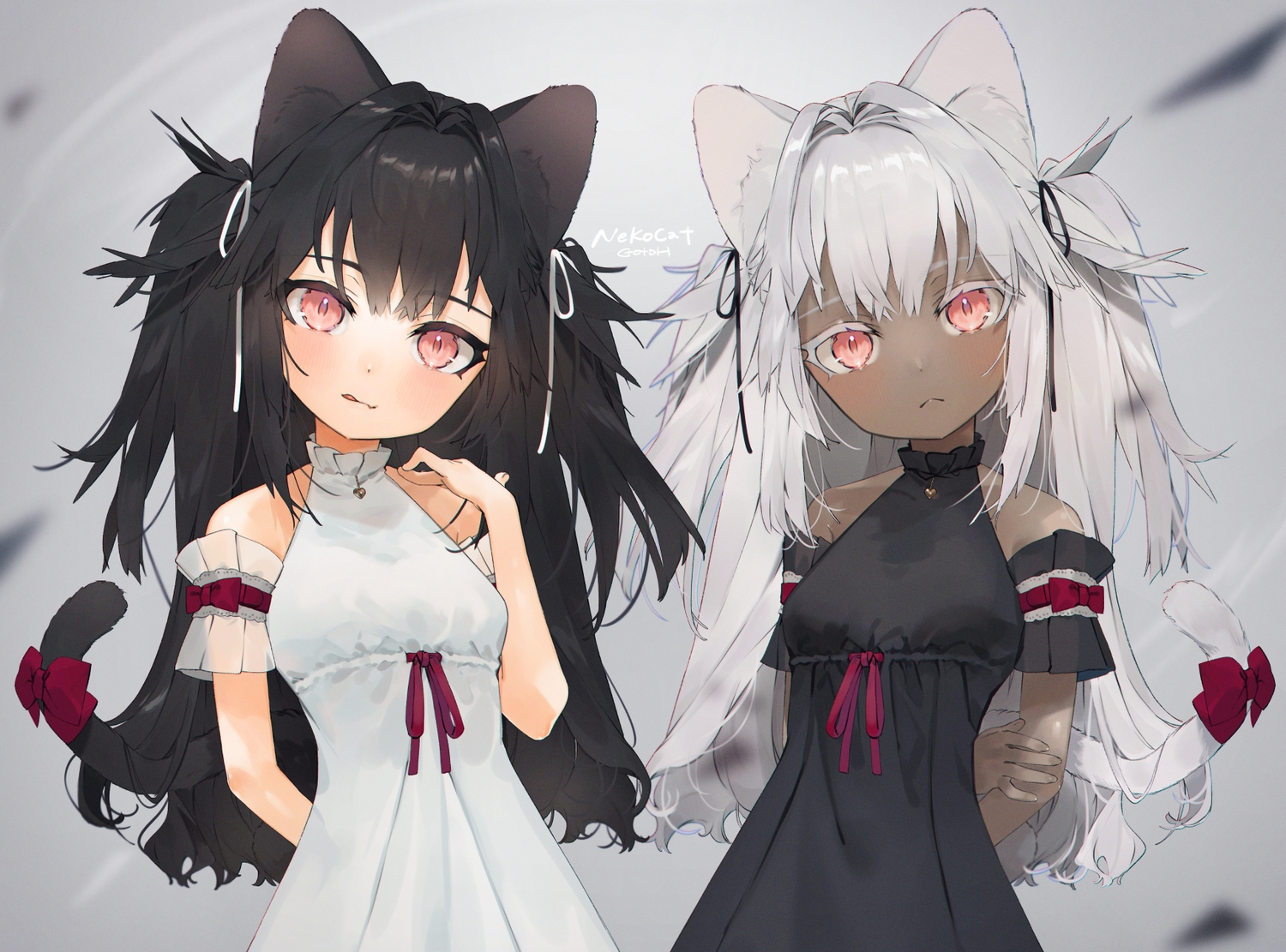 2girls animal ears black hair blush catgirl dark skin gotoh510 gray hair long hair original pink eyes signed tail twintails. konachan.com.com Anime Wallpaper