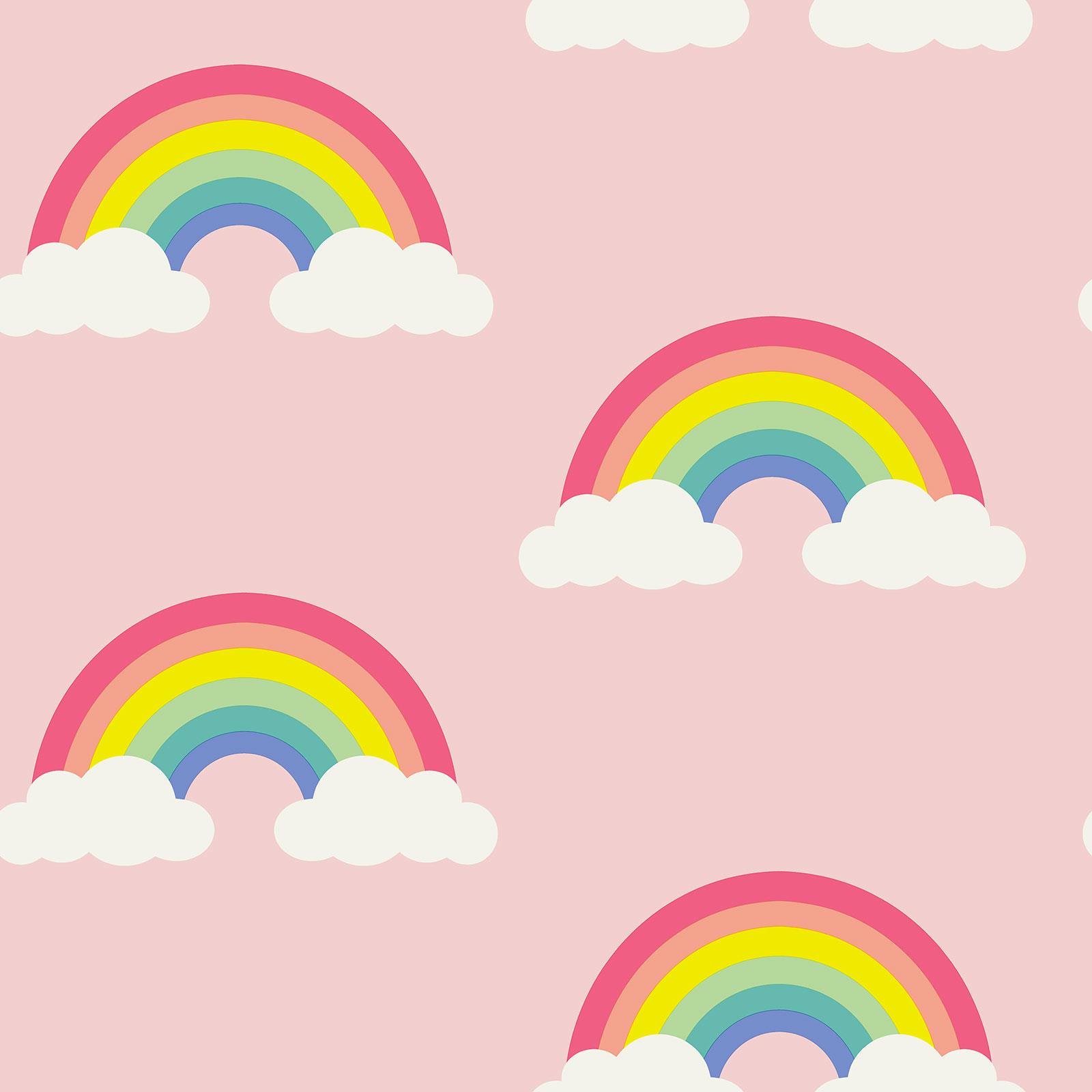 Rainbow Clouds Wallpaper Multi White Pink Blue Navy Kids Nursery Playroom