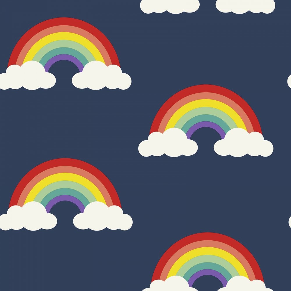 Belgravia Pretty Rainbow Wallpaper Clouds Sky Childrens Kids Bedroom Navy Blue 9990