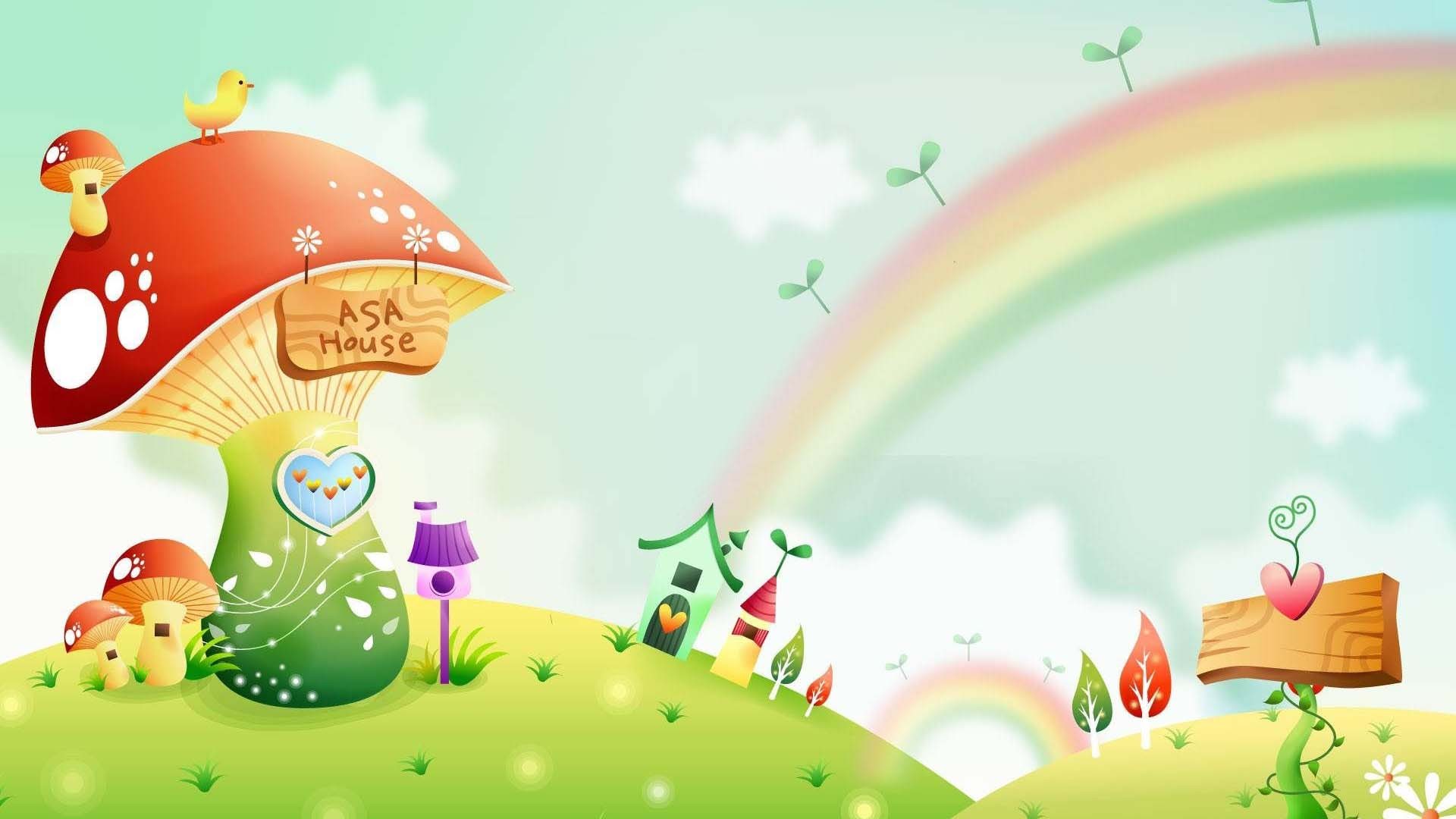 Colorful Mushroom Rainbow Plants HD Kids Wallpaper