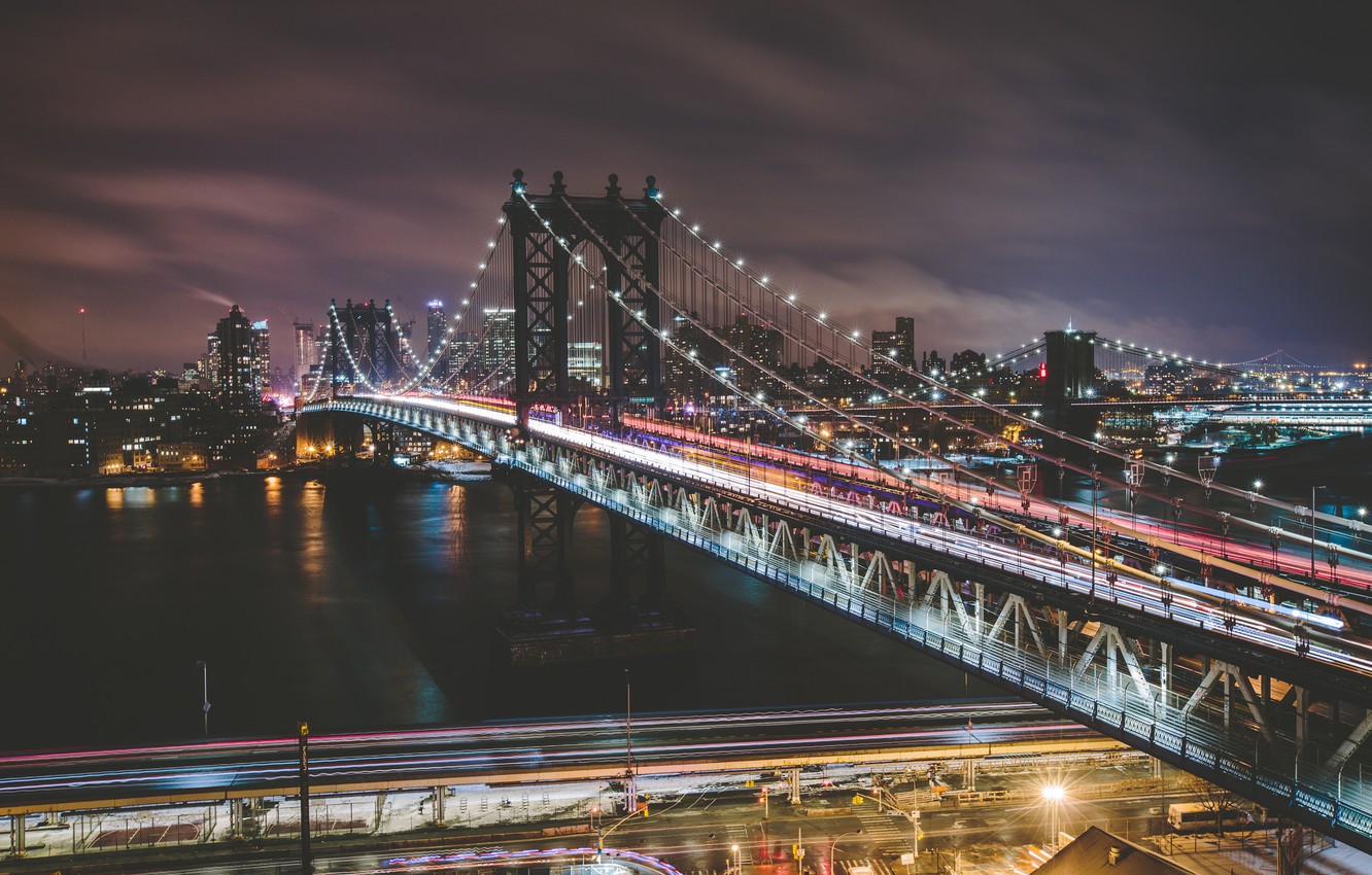 Wallpaper night, lights, street, New York, traffic light, Brooklyn bridge, Manhattan, Manhattan bridge, United States, East River image for desktop, section город