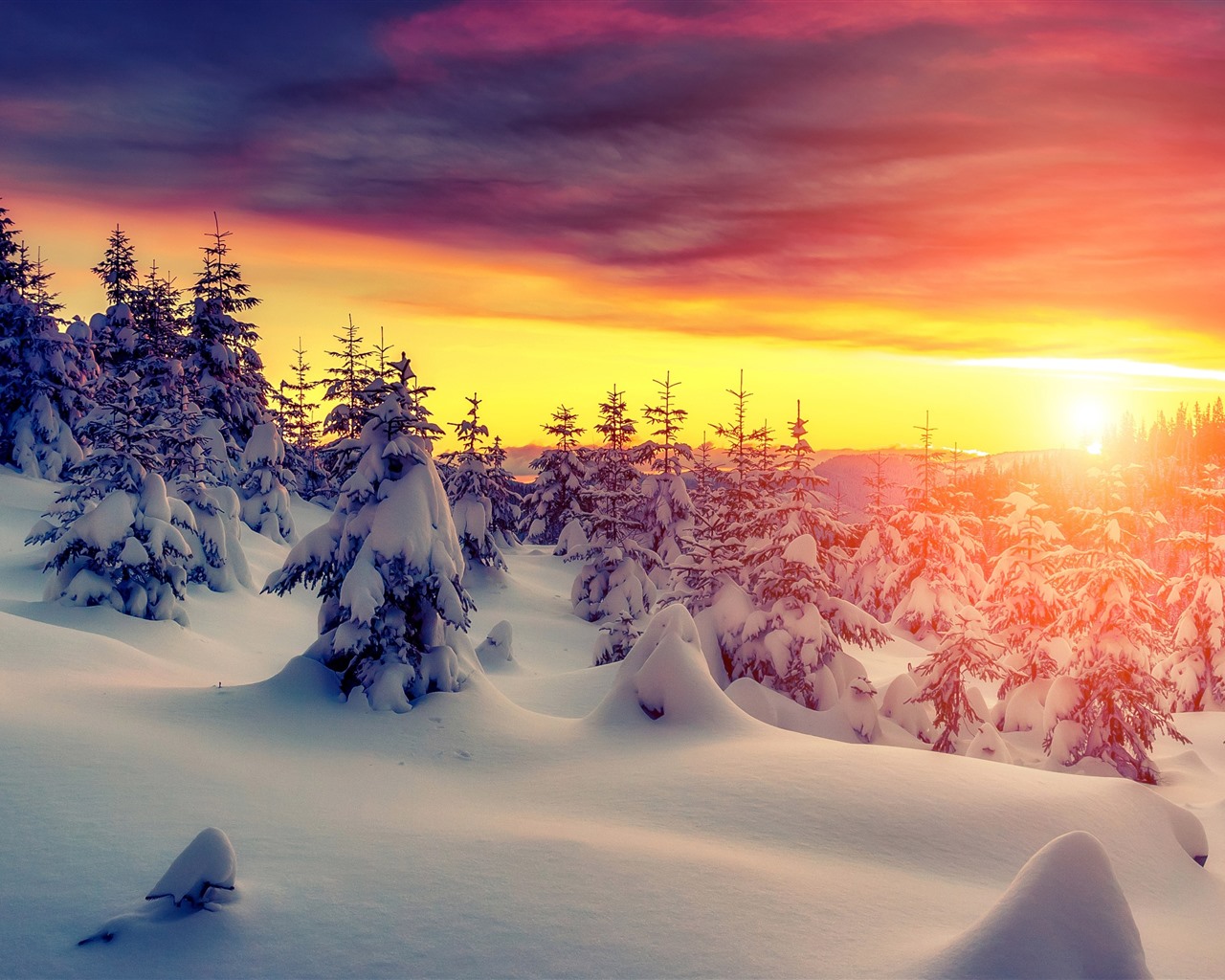 Wallpaper Sunset, snow, trees, winter, red sky, clouds 3840x2160 UHD 4K Picture, Image