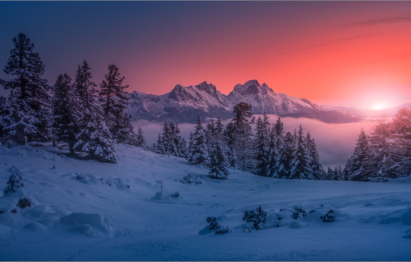 Wallpaper winter, snow, trees, landscape, sunset, mountains, nature, the snow image for desktop, section пейзажи