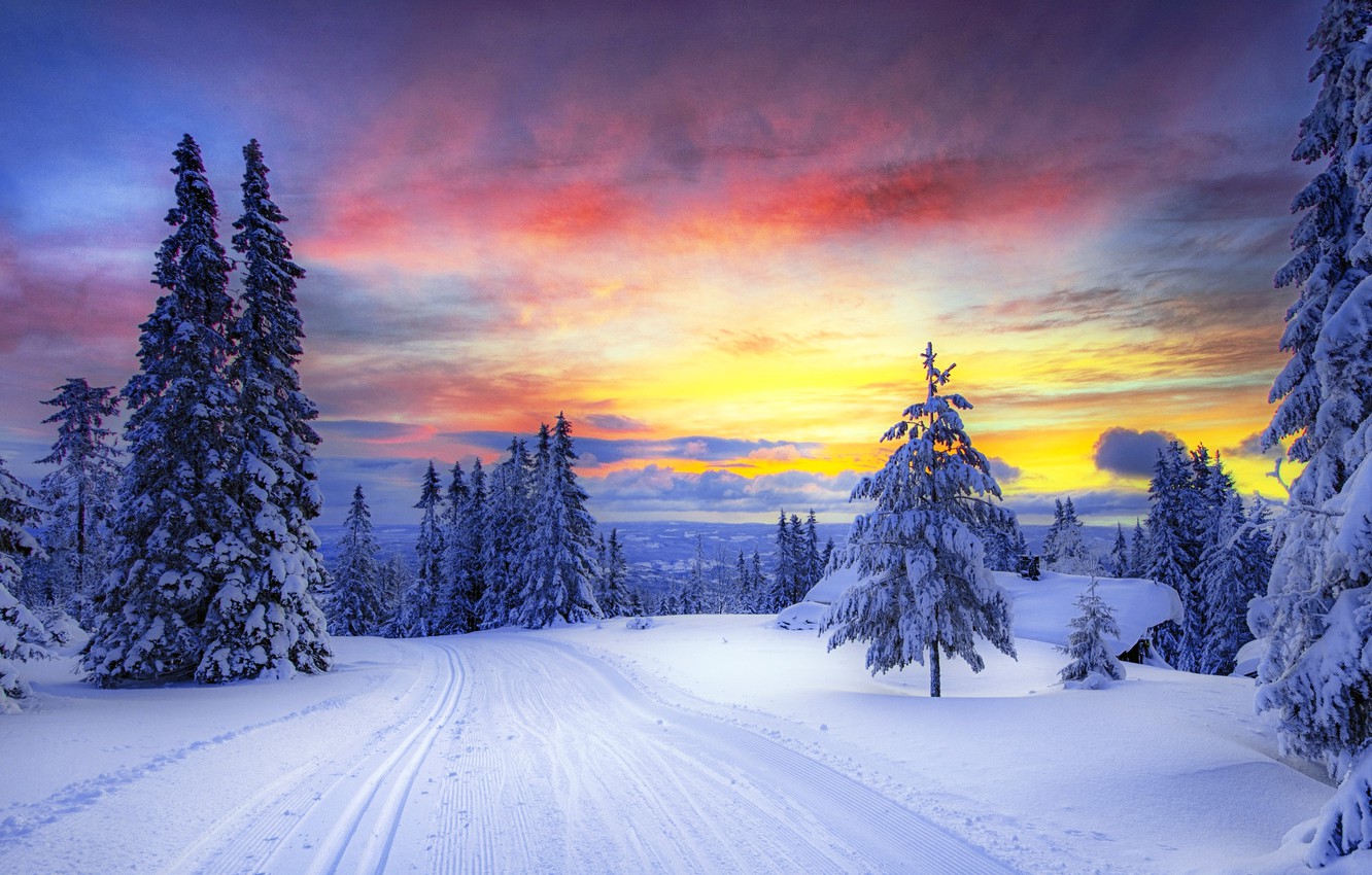 Wallpaper winter, road, forest, the sky, clouds, snow, trees, sunset, mountains, traces, nature, tree, Norway image for desktop, section природа