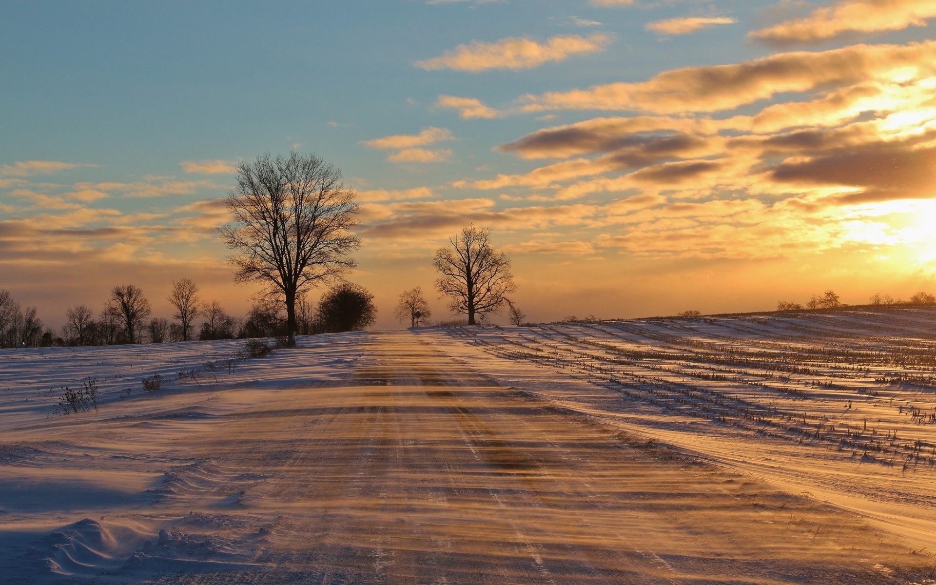 Winter Road Field Trees Sunset wallpaper. Winter Road Field Trees Sunset