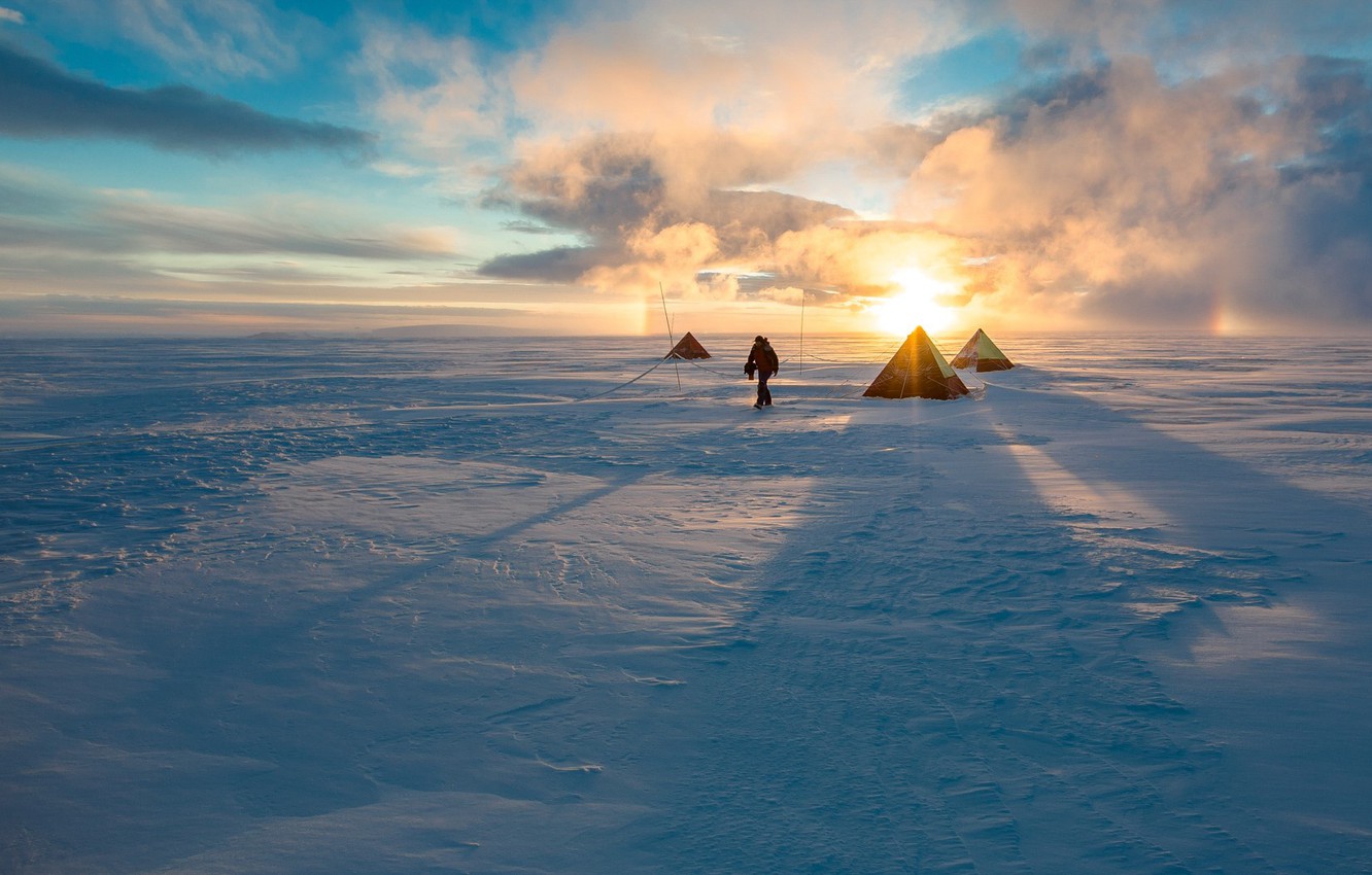 Wallpaper ice, sky, landscape, nature, clouds, snow, sun, man, shadows, cold, Arctic, tents, pole image for desktop, section природа