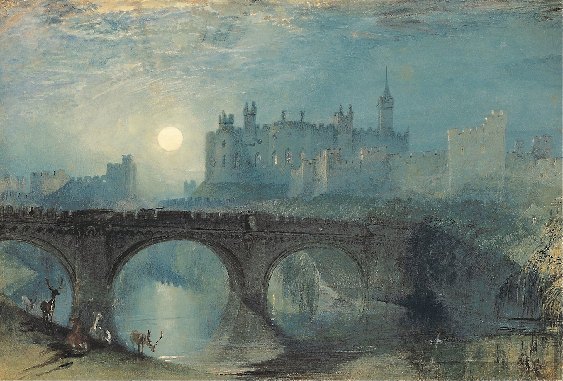 J. M. W. Turner, Architecture, Castle, Ancient, Tower, Painting, Classical art, Bridge, Animals, Deer, River, England, Arch, Traditional art, Shadow Wallpaper HD / Desktop and Mobile Background
