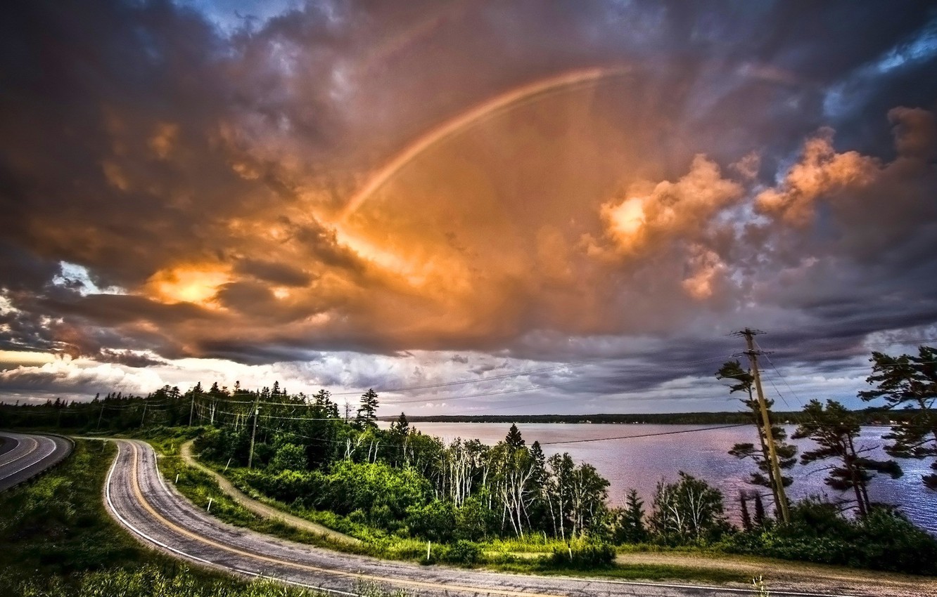 Wallpaper clouds, trees, rainbow, Road image for desktop, section пейзажи