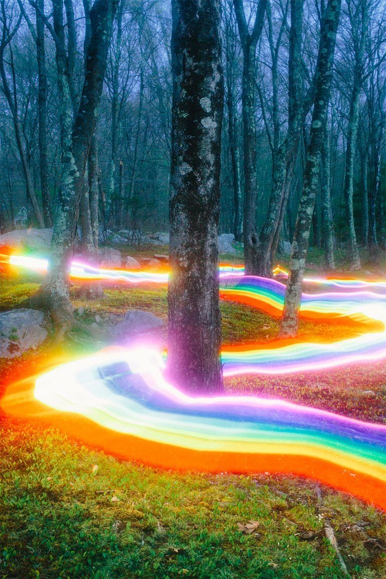 Rainbow Road: Photography Series by Daniel Mercadante. Rainbow colored light painting among trees. Photogr. Rainbow photography, Rainbow road, Rainbow aesthetic