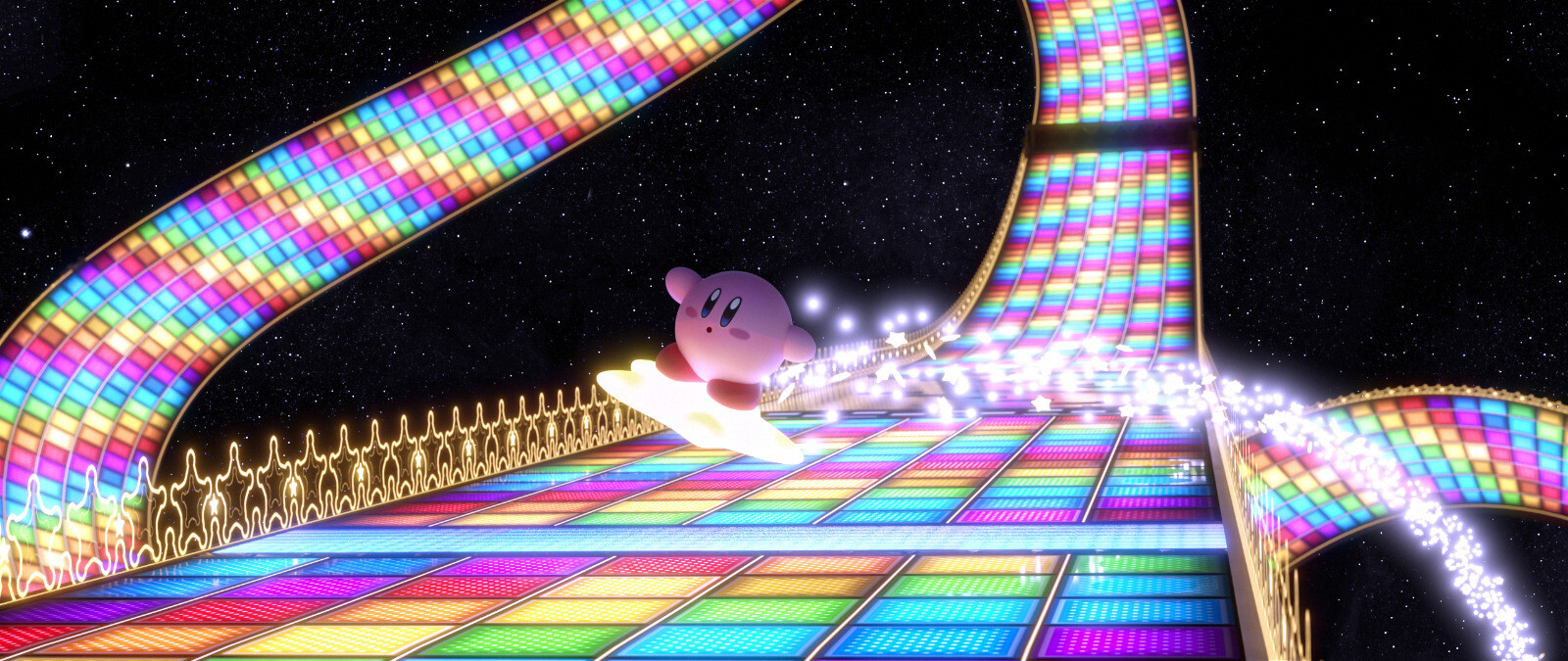 Kirby on Mario Kart Rainbow Road