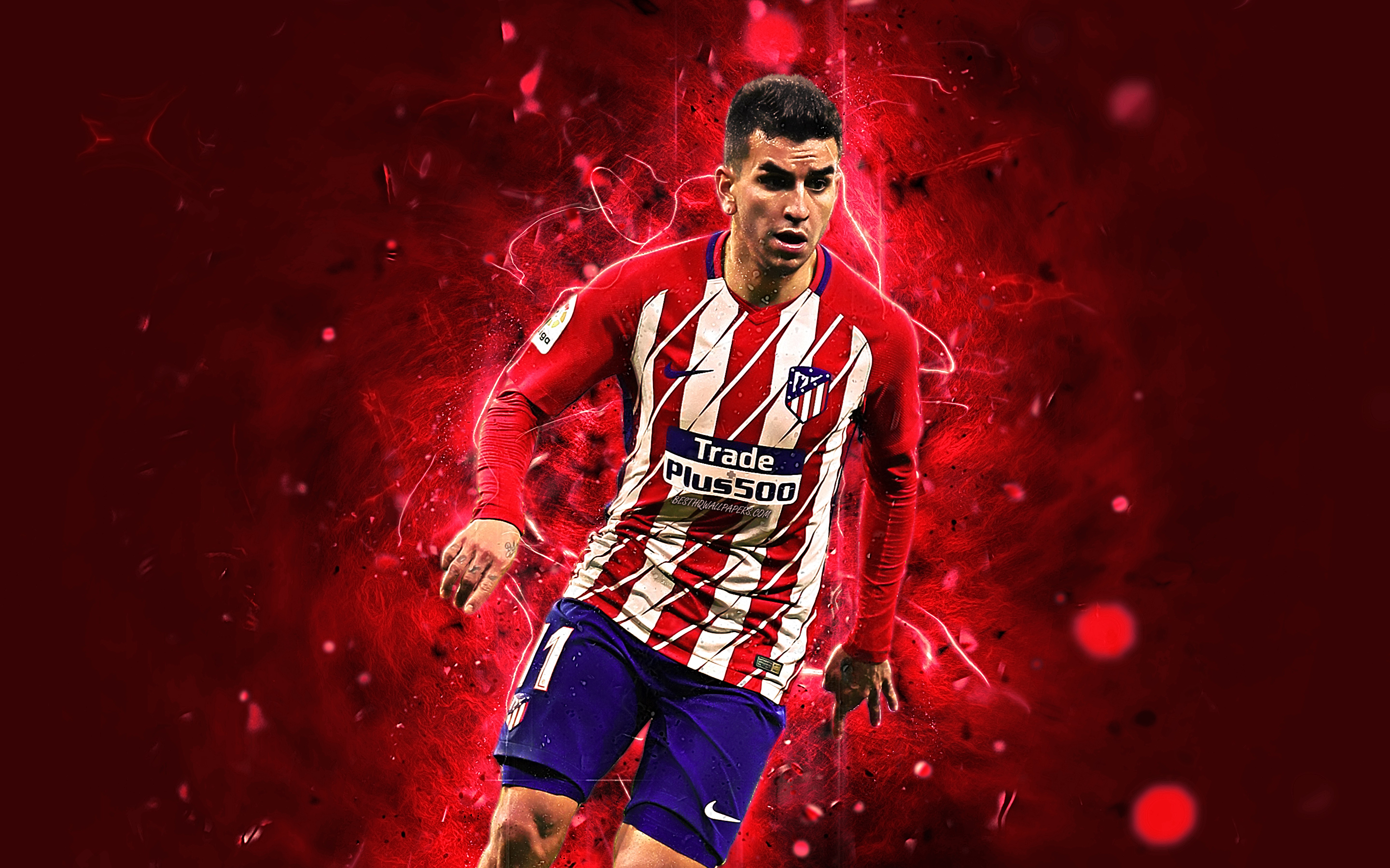 Download wallpaper Angel Correa, forward, argentine footballers, Atletico Madrid FC, La Liga, Correa, football, neon lights, soccer, LaLiga for desktop with resolution 2880x1800. High Quality HD picture wallpaper