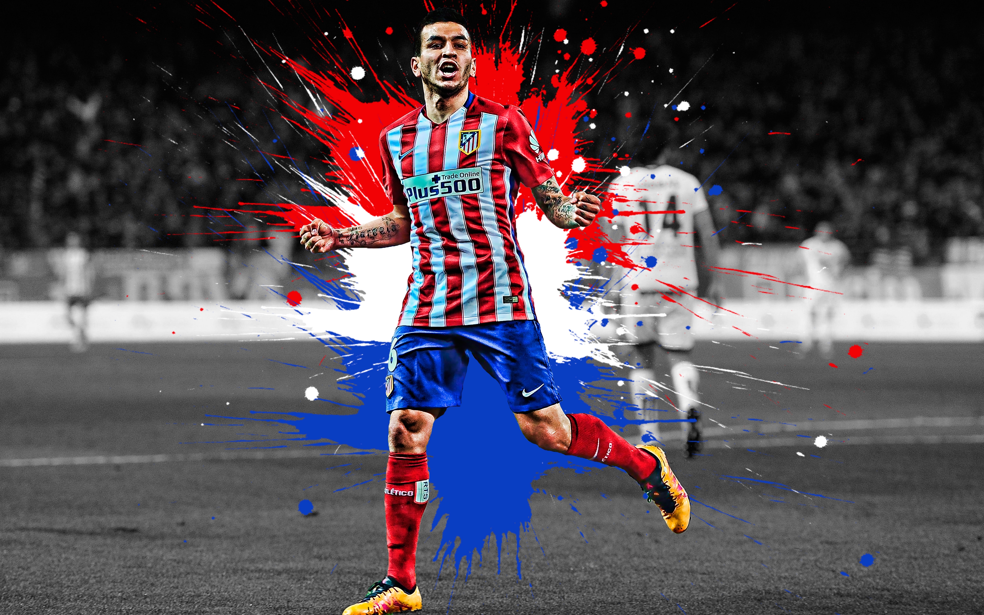 Download wallpaper Angel Correa, 4k, Argentinian football player, Atletico Madrid, striker, red and blue paint splashes, creative art, La Liga, Spain, football for desktop with resolution 3840x2400. High Quality HD picture wallpaper