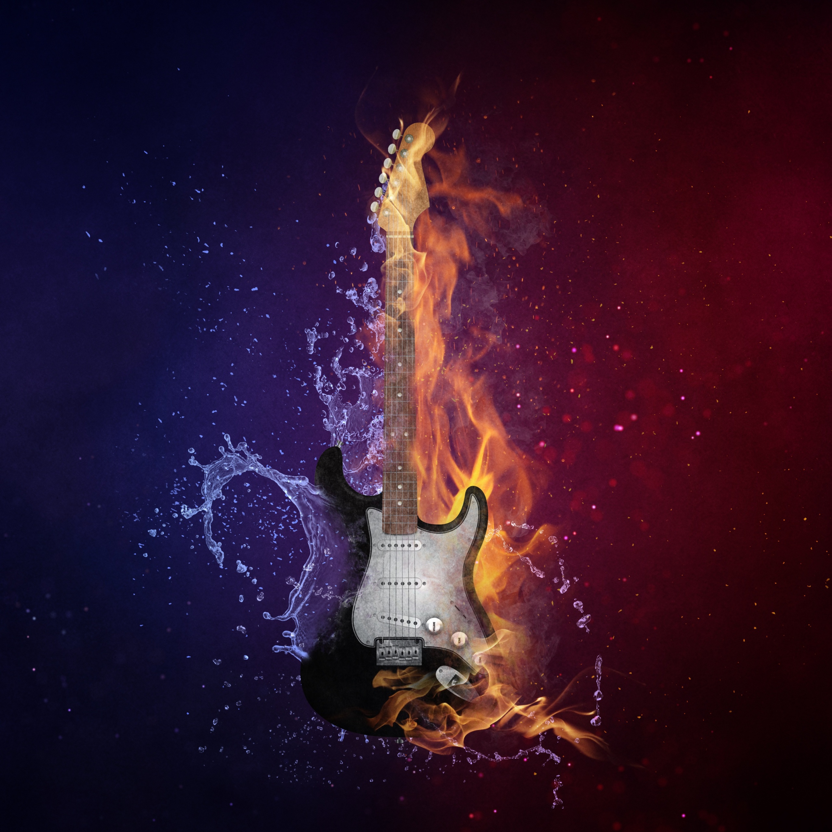 Electric Guitar Wallpaper 4K, Instrument, Dark background, Fire, Water, Purple, Photography