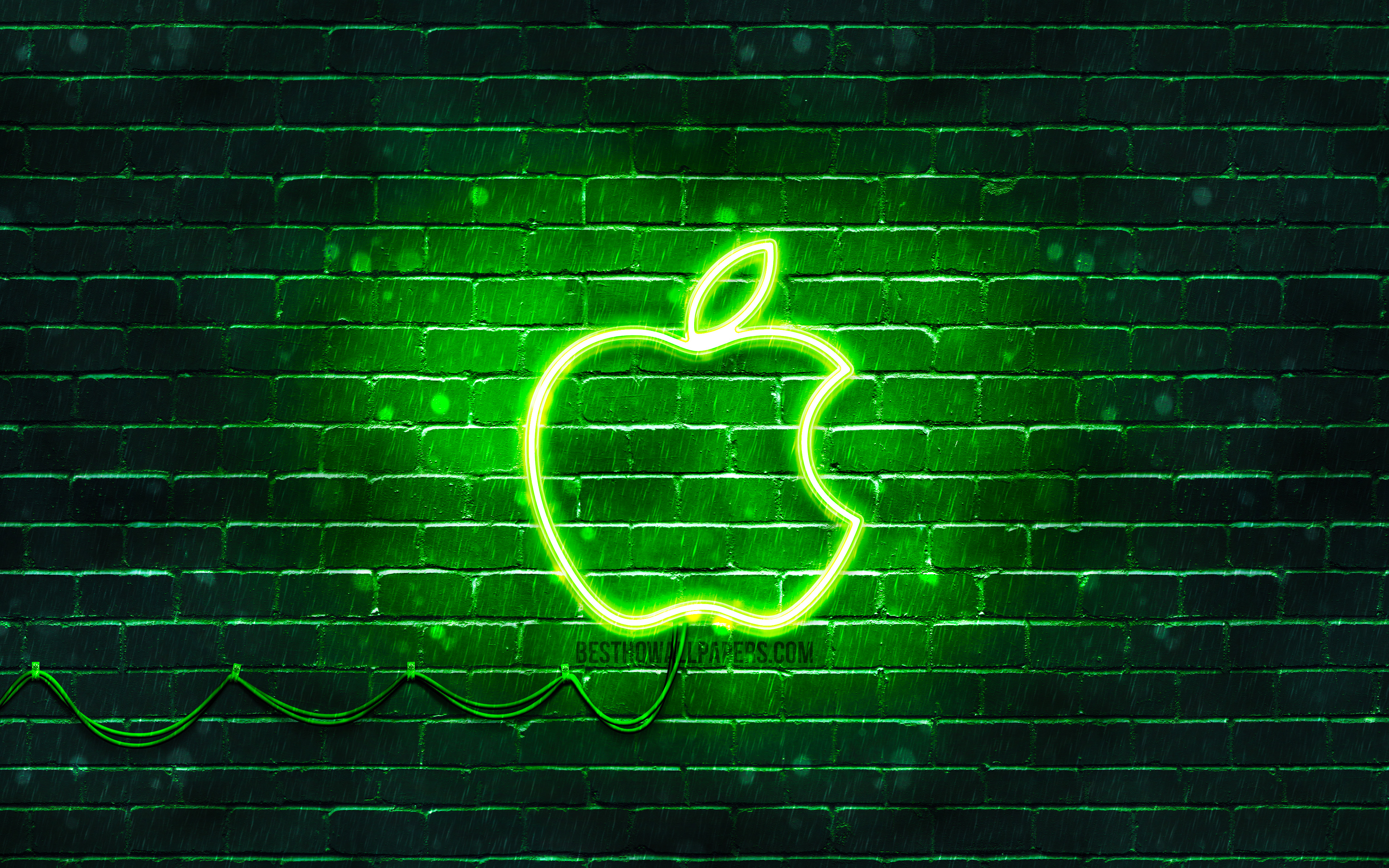 Download wallpaper Apple green logo, 4k, green brickwall, green neon apple, Apple logo, brands, Apple neon logo, Apple for desktop with resolution 3840x2400. High Quality HD picture wallpaper