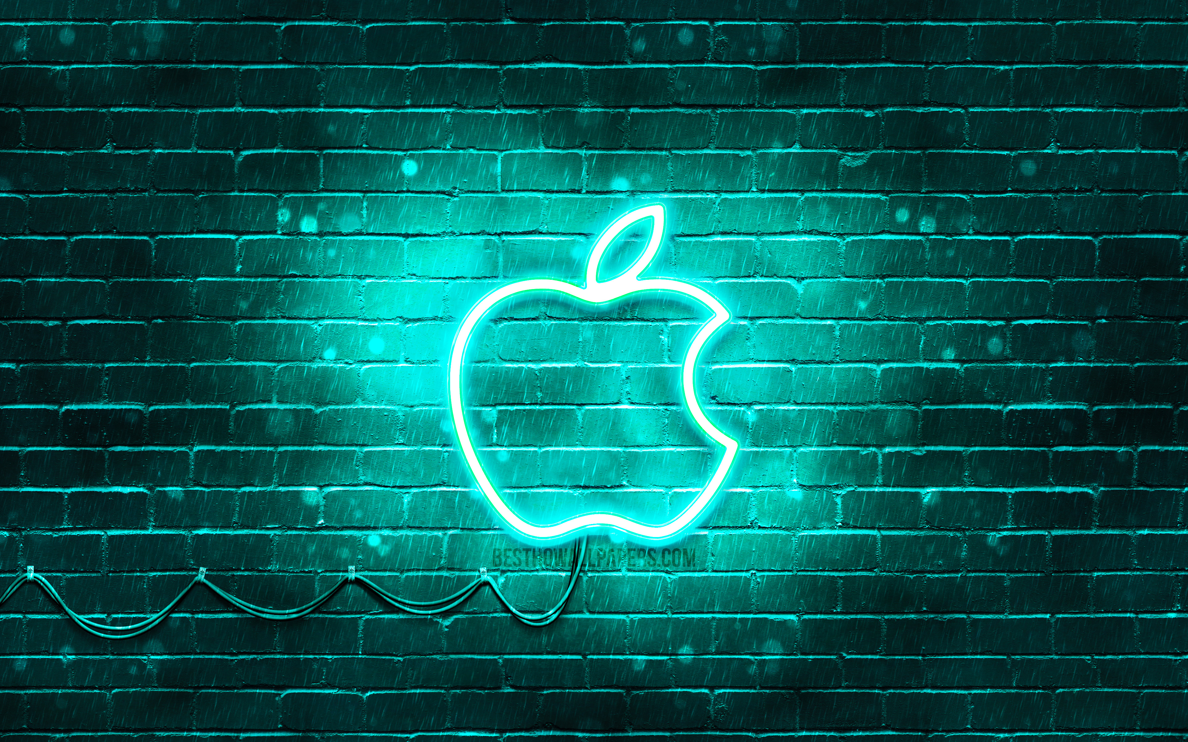 Download wallpaper 4k, Apple turquoise logo, turquoise brickwall, Apple logo, turquoise neon apple, brands, Apple neon logo, Apple for desktop with resolution 3840x2400. High Quality HD picture wallpaper