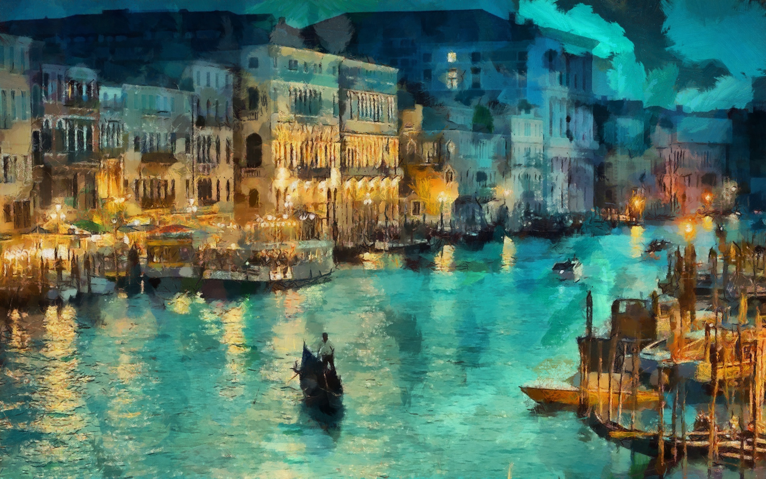 Venice canal art lights italy night painting wallpaperx1600