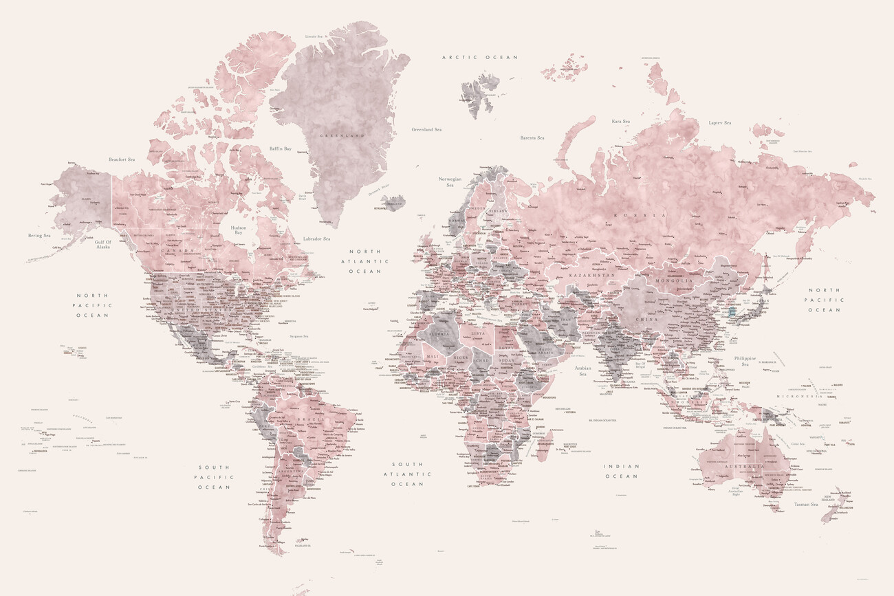 Map of Detailed watercolor world map in dusty pink and cream, Madelia ǀ Maps of all cities and countries for your wall