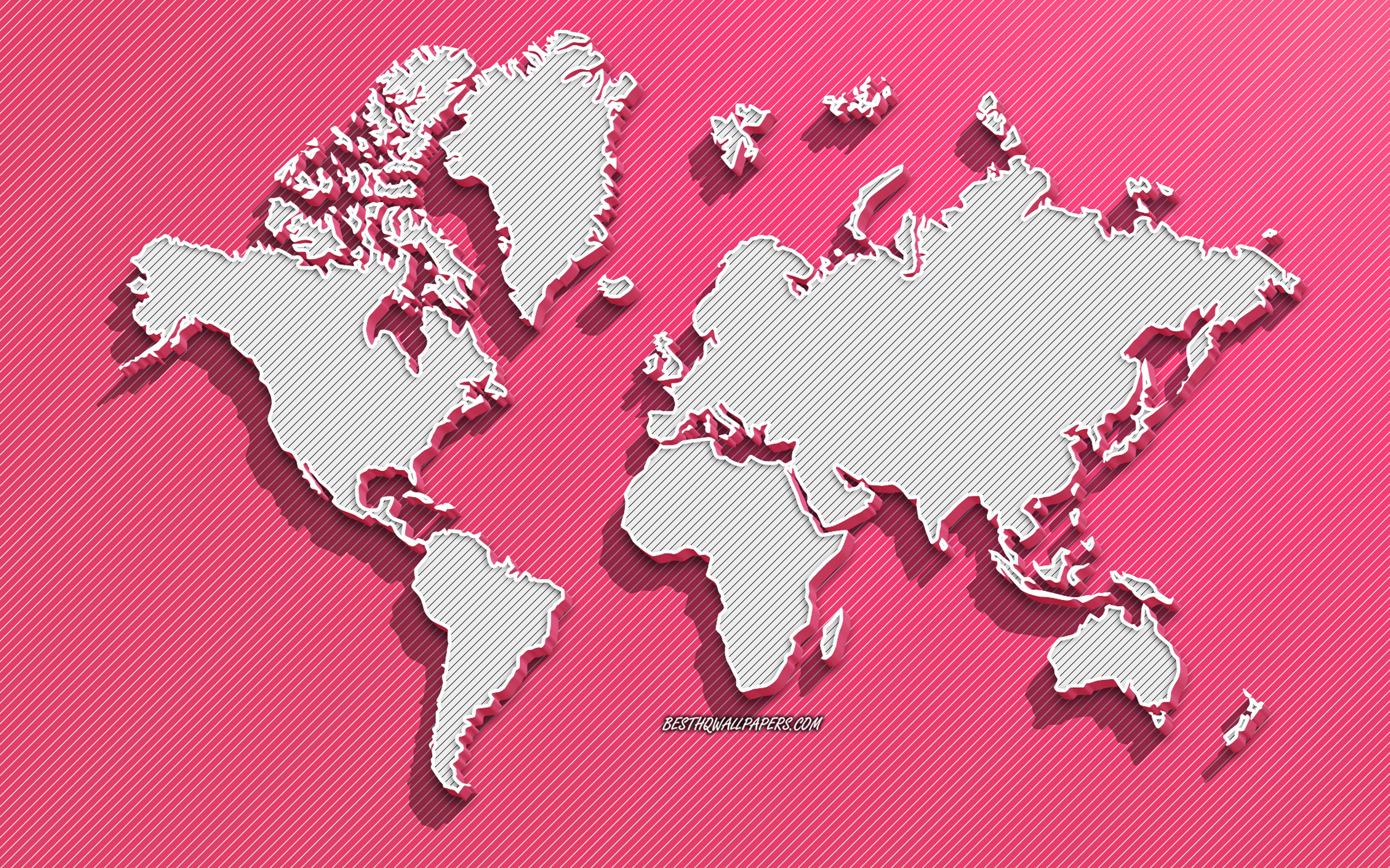 Download wallpaper Pink 3D world map, pink background, 3D world map, continents, world map, North America, South America, Europe, Asia, Australia, world map concepts for desktop with resolution 2880x1800. High Quality HD